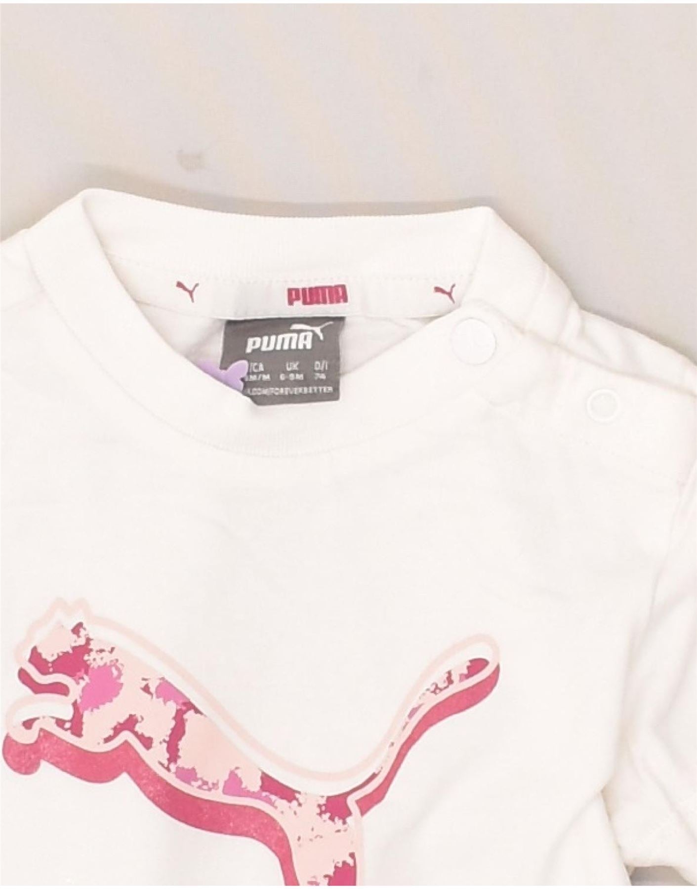 PUMA Baby Girls Graphic T-Shirt Top 6-9 Months White Cotton | Vintage Puma | Thrift | Second-Hand Puma | Used Clothing | Messina Hembry