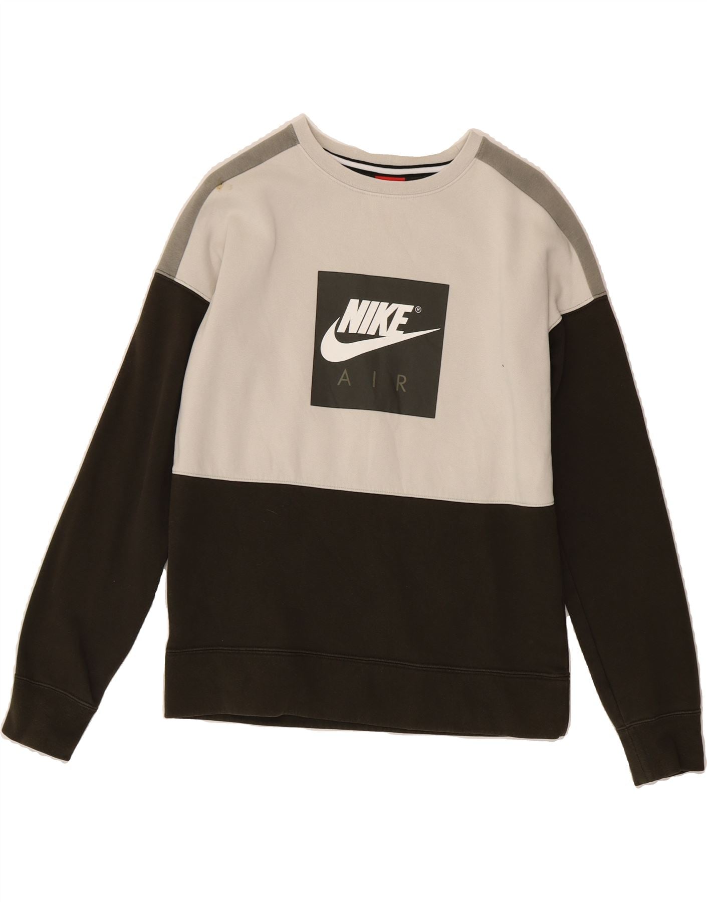 NIKE Boys Graphic Sweatshirt Jumper 13-14 Years XL Khaki Colourblock Vintage Nike and Second-Hand Nike from Messina Hembry