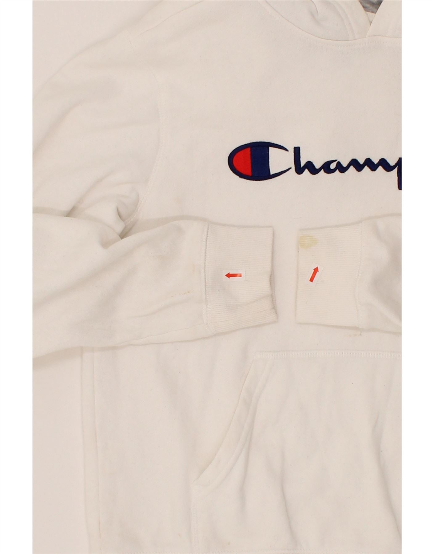 CHAMPION Womens Graphic Hoodie Jumper UK 14 Large White Cotton Vintage Champion and Second-Hand Champion from Messina Hembry