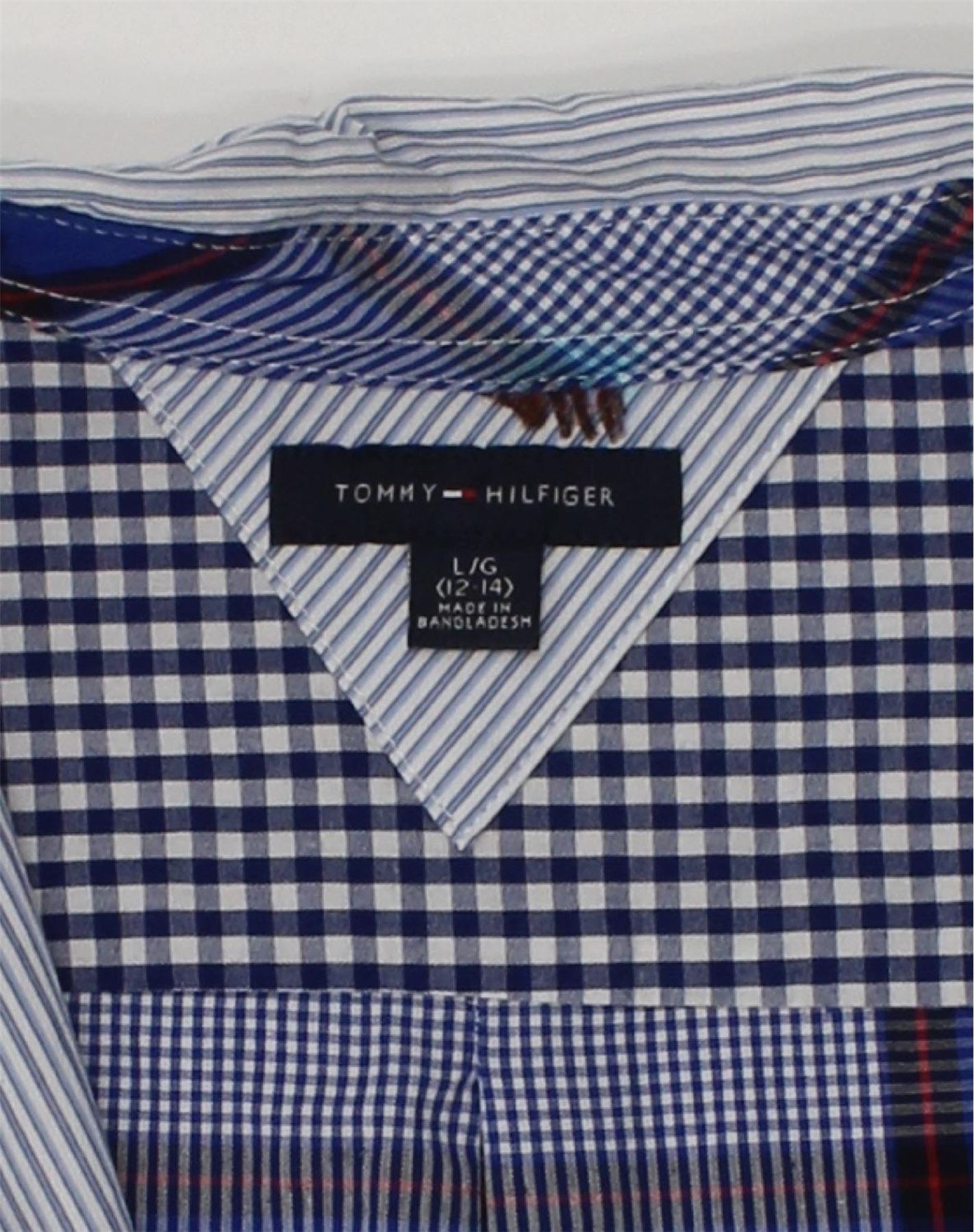 TOMMY HILFIGER Boys Shirt 12-13 Years Large  Blue Patchwork Cotton | Vintage Tommy Hilfiger | Thrift | Second-Hand Tommy Hilfiger | Used Clothing | Messina Hembry