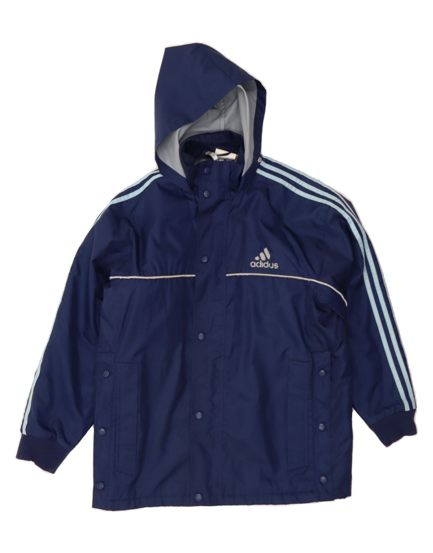 ADIDAS Boys Graphic Hooded Windbreaker Jacket 13-14 Years Navy Blue Vintage Adidas and Second-Hand Adidas from Messina Hembry