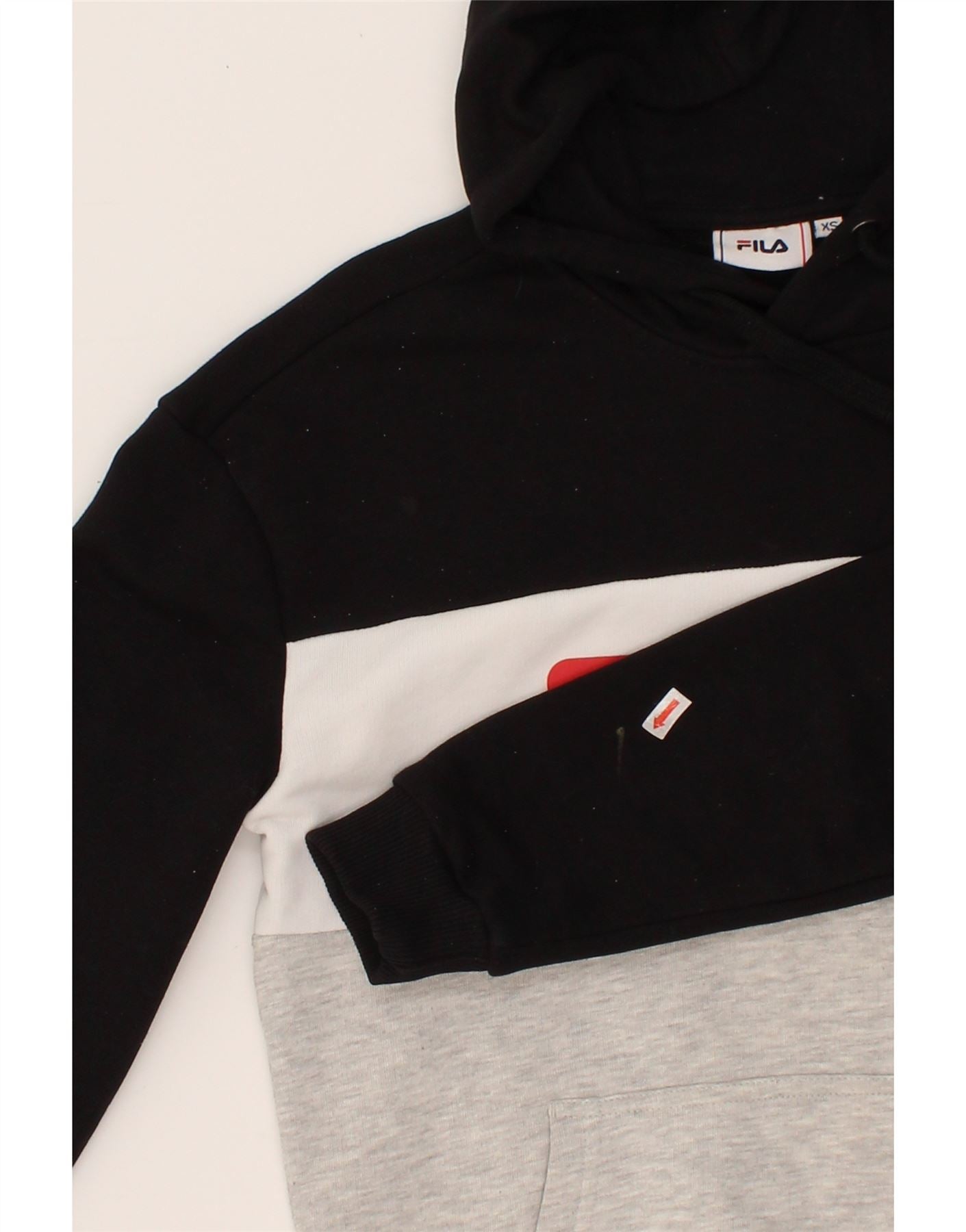 FILA Womens Oversized Graphic Hoodie Jumper UK 6 XS Black Colourblock Vintage Fila and Second-Hand Fila from Messina Hembry