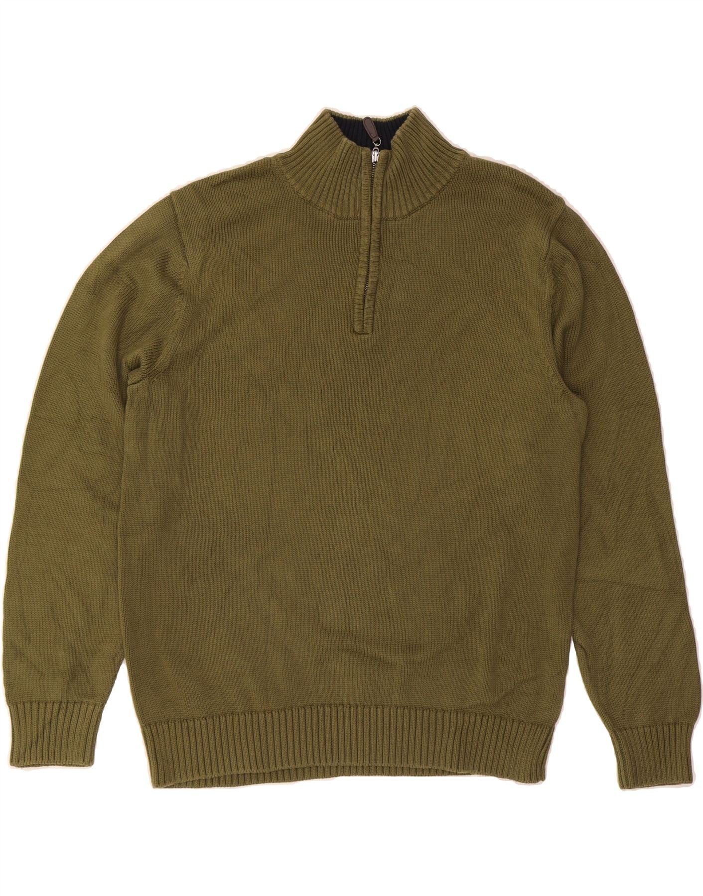 L.L.BEAN Mens Zip Neck Jumper Sweater Large Khaki Cotton Vintage L.L.Bean and Second-Hand L.L.Bean from Messina Hembry