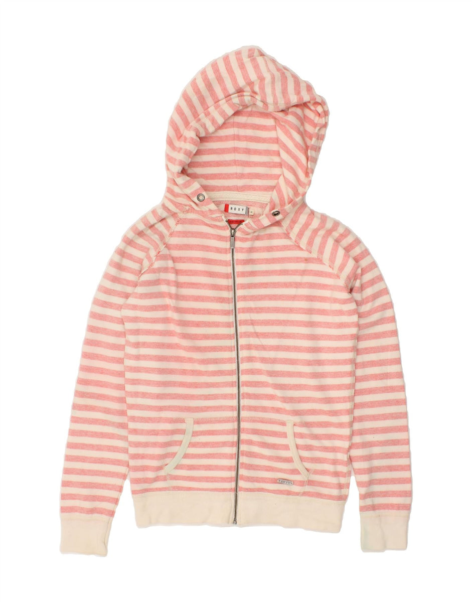 ROXY Womens Zip Hoodie Sweater UK 10 Small Pink Striped Vintage Second Hand Clothing Online Messina Hembry