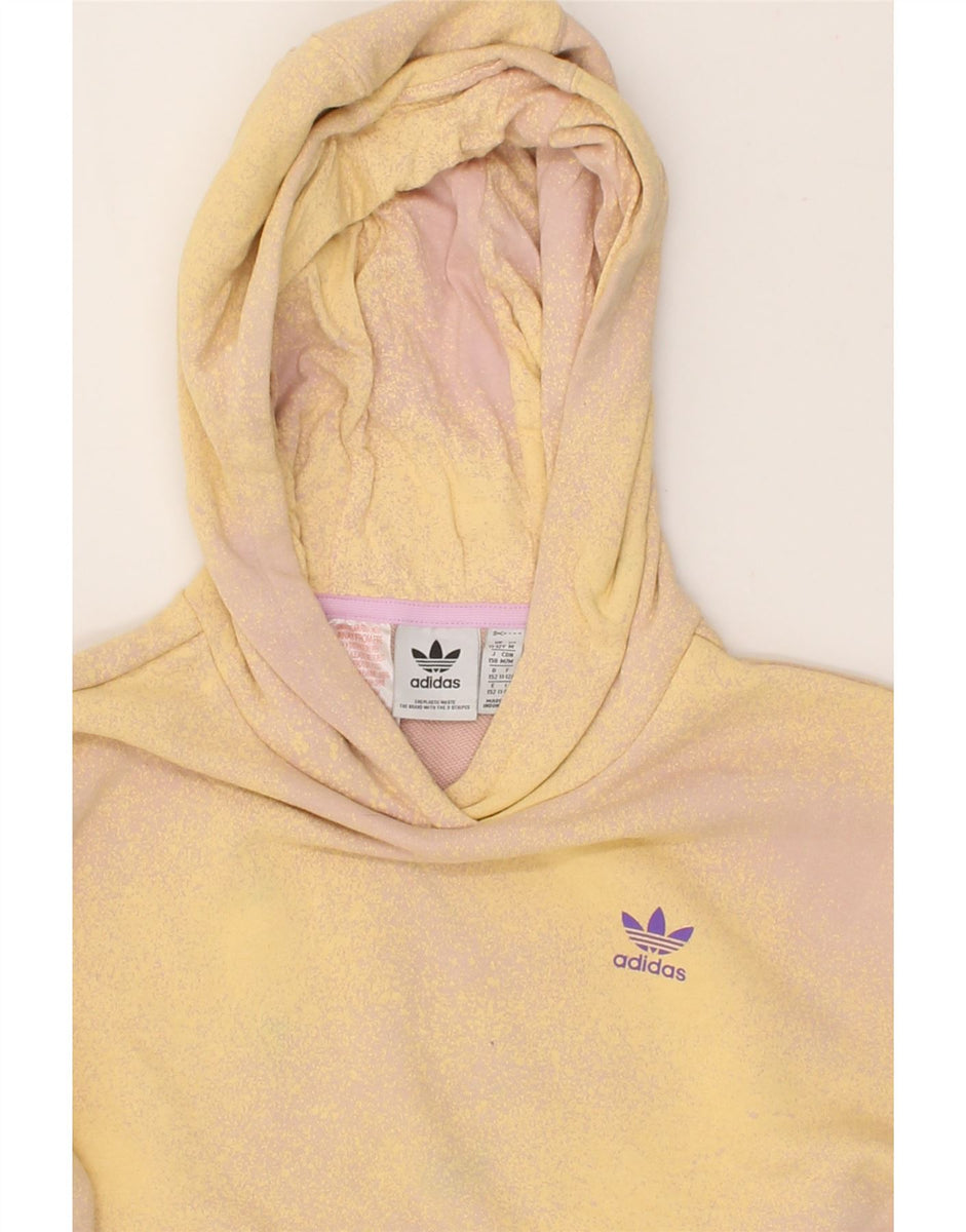 ADIDAS Girls Crop Hoodie Jumper 11 12 Years Yellow Spotted Cotton