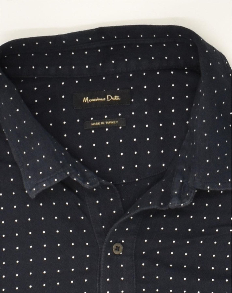 MASSIMO DUTTI Mens Polo Shirt Medium Navy Blue Polka Dot Vintage Second Hand Clothing Online Messina Hembry