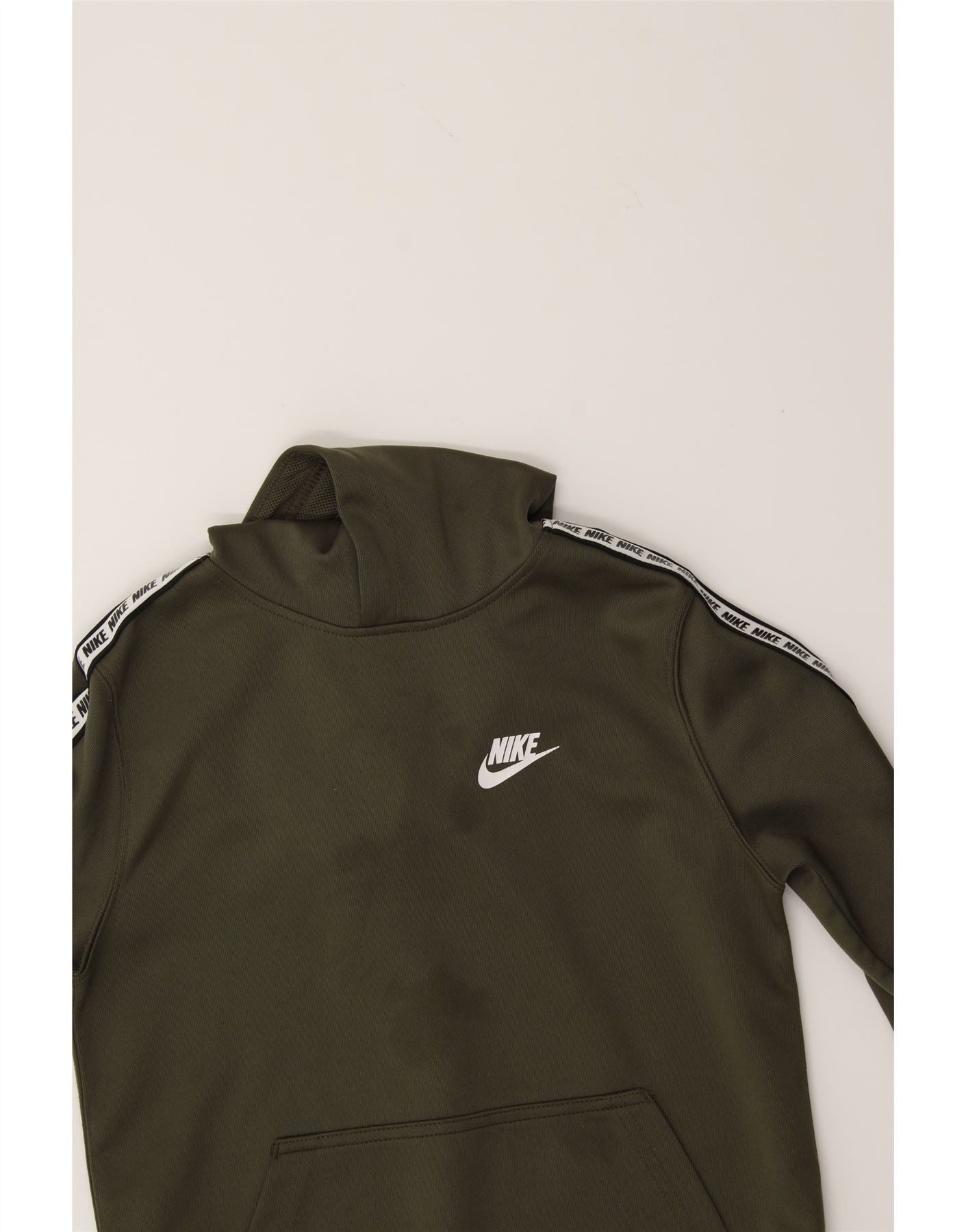 NIKE Boys Graphic Hoodie Jumper 8-9 Years Small Khaki Polyester Vintage Nike and Second-Hand Nike from Messina Hembry