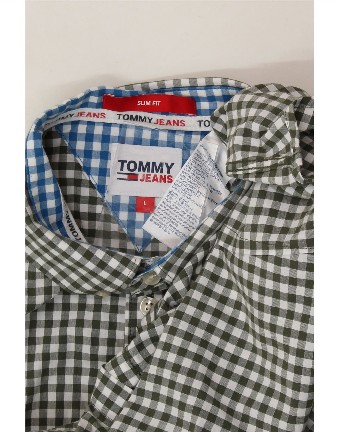 TOMMY HILFIGER Mens Slim Fit Shirt Large Green Gingham Cotton Vintage Tommy Hilfiger and Second-Hand Tommy Hilfiger from Messina Hembry