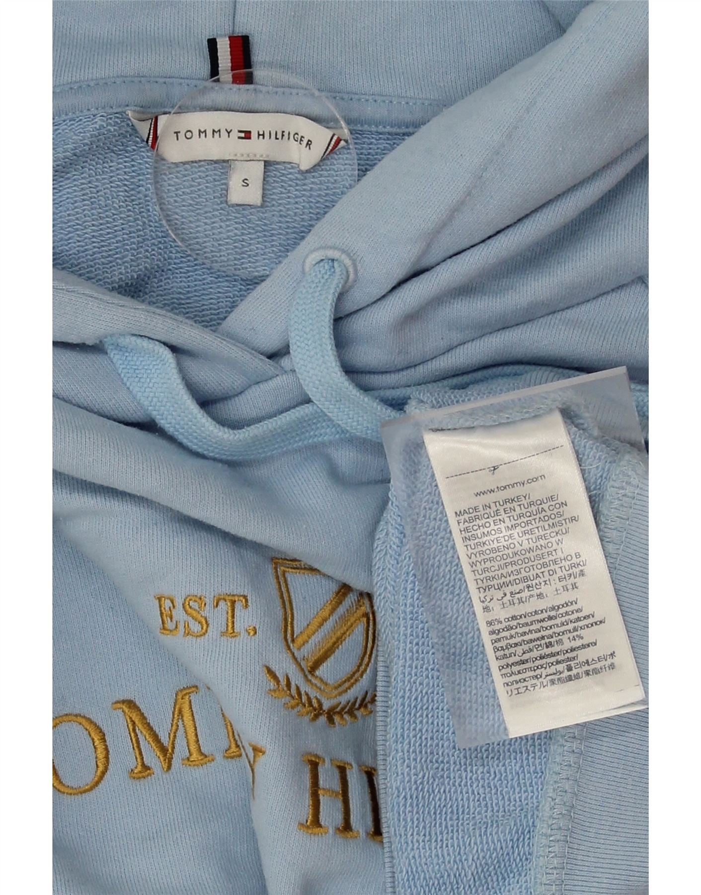 TOMMY HILFIGER Womens Graphic Oversized Hoodie Jumper UK 10 Small Blue Vintage Tommy Hilfiger and Second-Hand Tommy Hilfiger from Messina Hembry