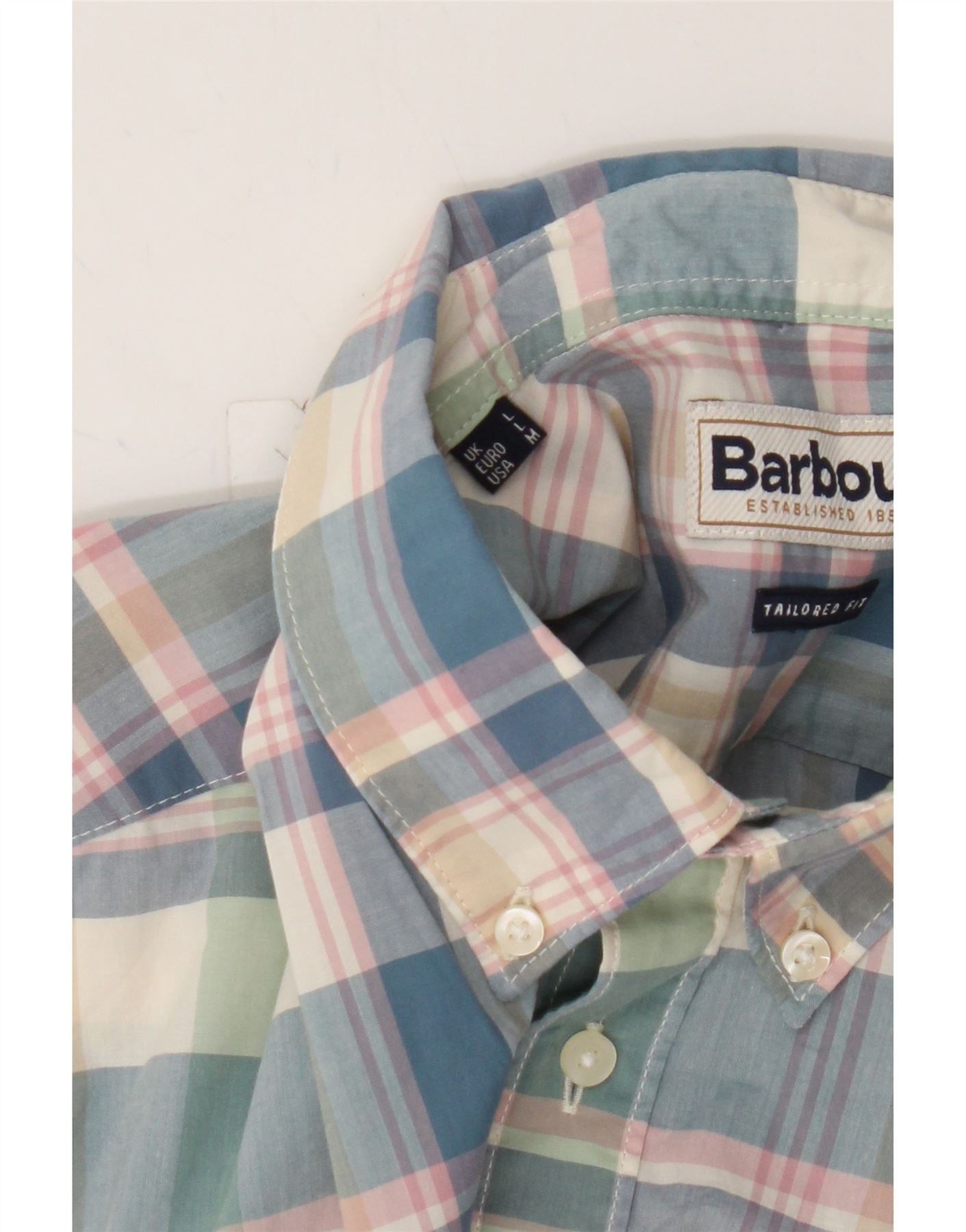 BARBOUR Mens Tailored Fit Short Sleeve Shirt Large Blue Check Cotton Vintage Barbour and Second-Hand Barbour from Messina Hembry