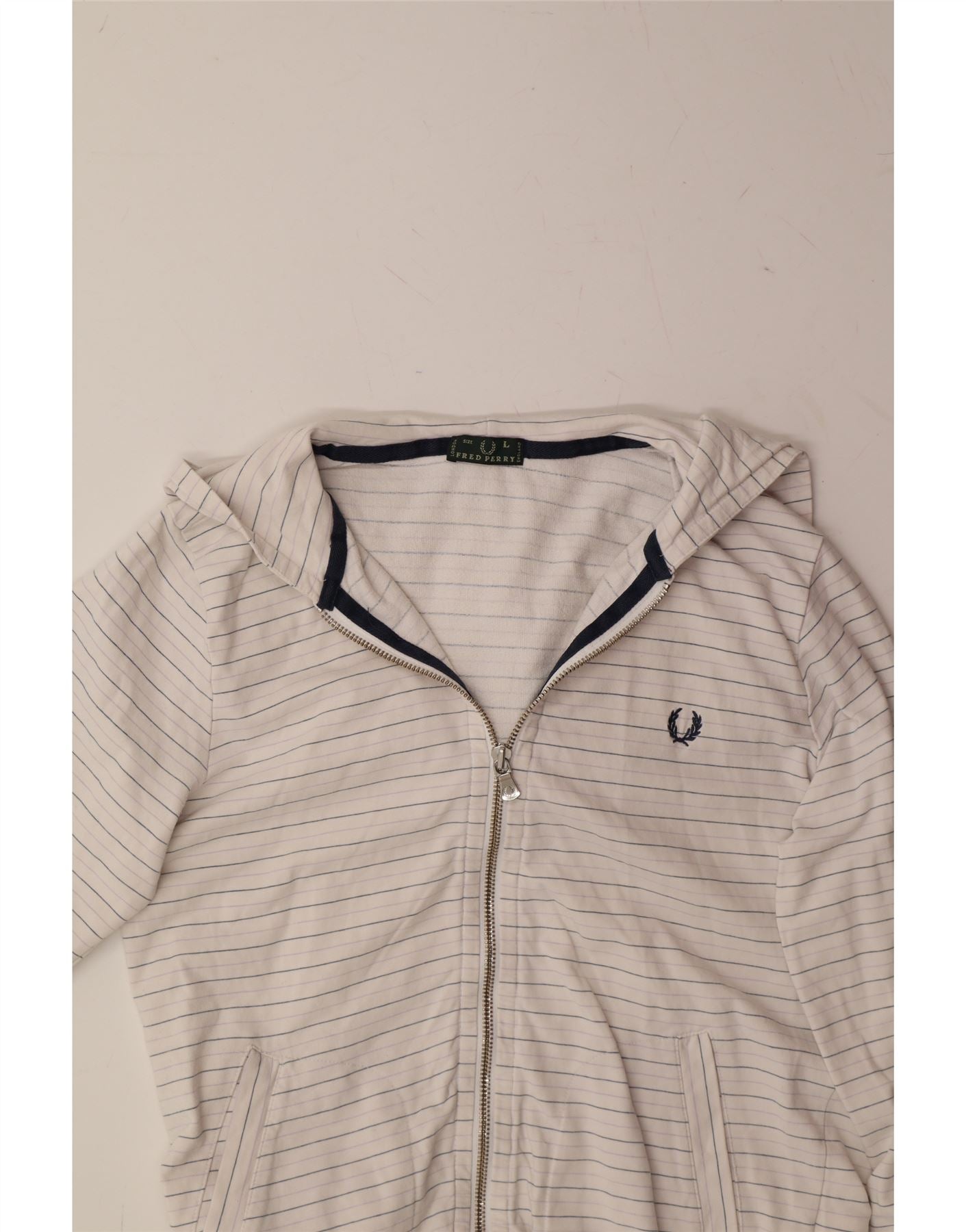 FRED PERRY Girls Zip Hoodie Sweater 12-13 Years Large  White Striped Vintage Fred Perry and Second-Hand Fred Perry from Messina Hembry
