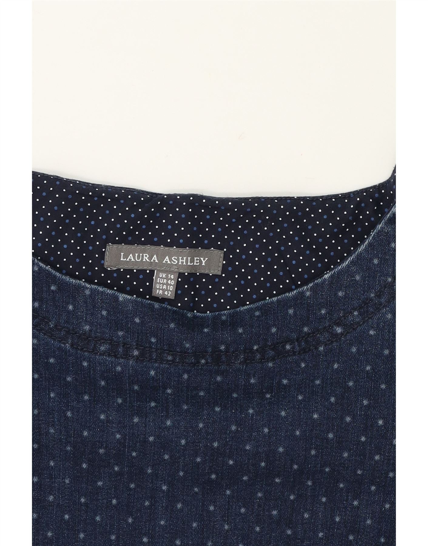 LAURA ASHLEY Womens 3/4 Sleeve Denim Dress UK 14 Large  Navy Blue Spotted Vintage Laura Ashley and Second-Hand Laura Ashley from Messina Hembry