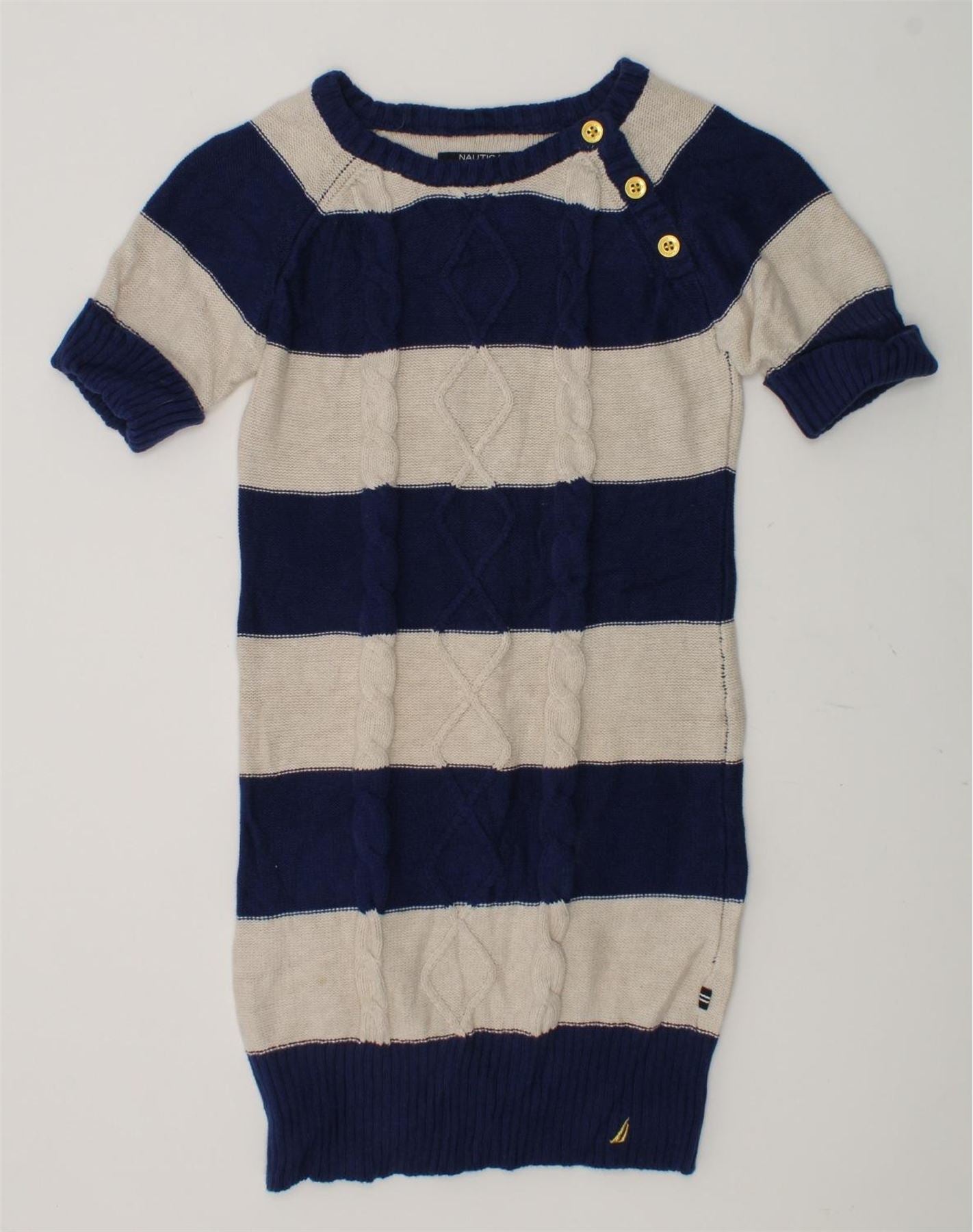 NAUTICA Girls Short Sleeve Jumper Dress 7-8 Years Navy Blue Striped Cotton | Vintage Nautica | Thrift | Second-Hand Nautica | Used Clothing | Messina Hembry