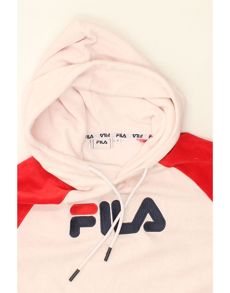 FILA Womens Crop Graphic Hoodie Jumper UK 10 Small Red Colourblock Cotton | Vintage Fila | Thrift | Second-Hand Fila | Used Clothing | Messina Hembry 