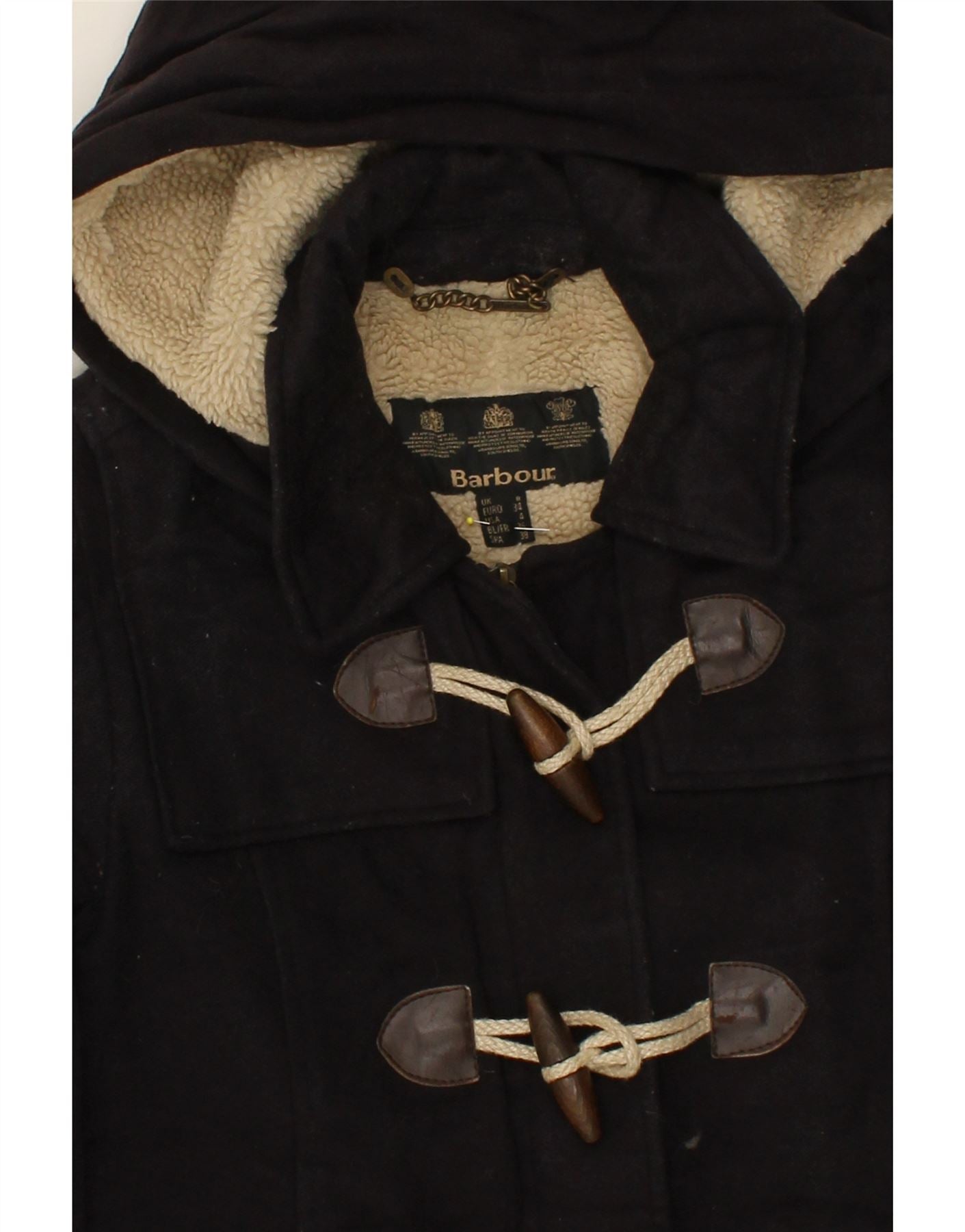 BARBOUR Womens Hooded Duffle Coat UK 8 Small Navy Blue Vintage Barbour and Second-Hand Barbour from Messina Hembry