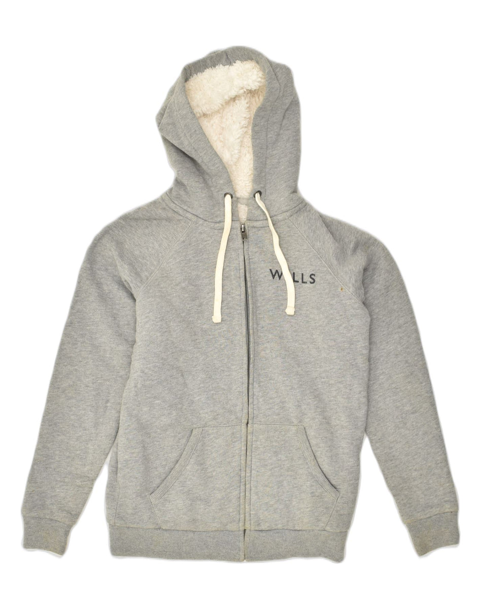 JACK WILLS Womens Sherpa Graphic Zip Hoodie Sweater UK 8 Small Grey Vintage Second Hand Clothing Online Messina Hembry