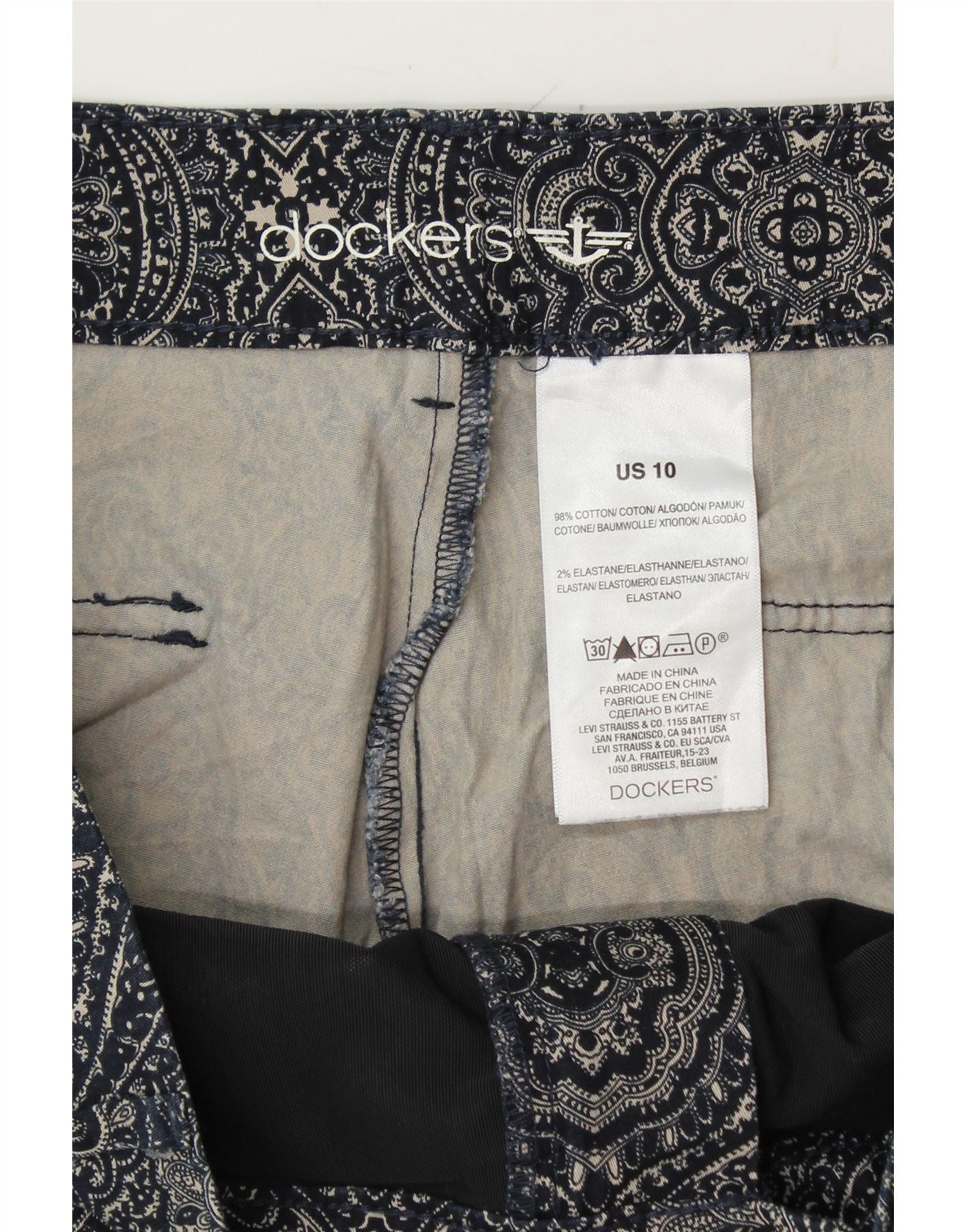 DOCKERS Womens Capri Trousers US 10 Large W32 L20 Navy Blue Paisley Vintage Dockers and Second-Hand Dockers from Messina Hembry