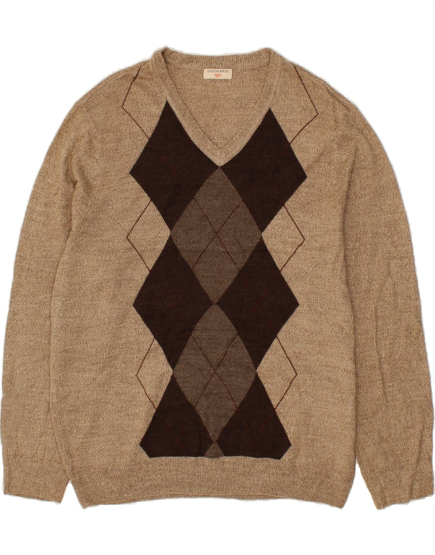 DOCKERS Mens V-Neck Jumper Sweater Large Beige Argyle/Diamond Vintage Dockers and Second-Hand Dockers from Messina Hembry