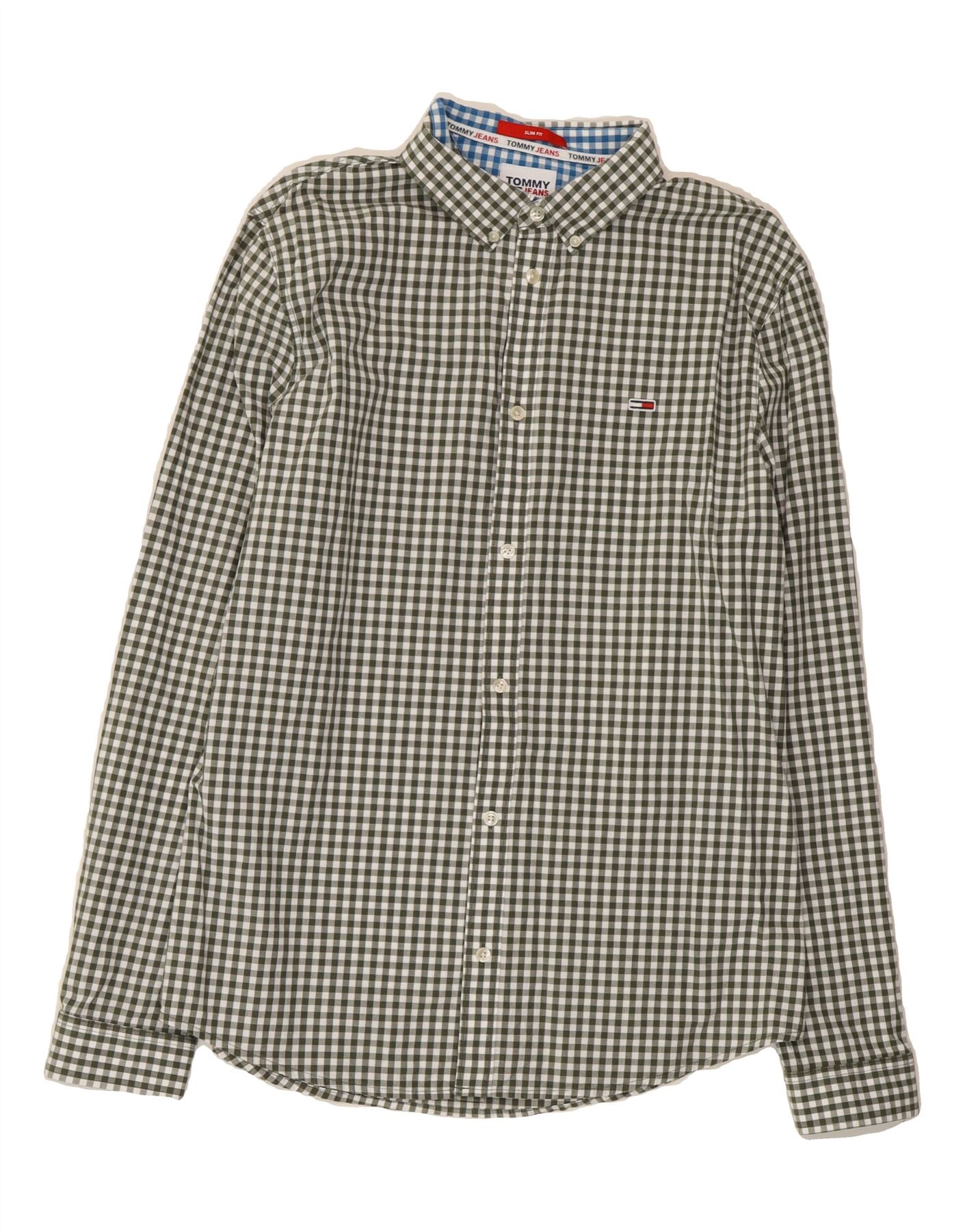 TOMMY HILFIGER Mens Slim Fit Shirt Large Green Gingham Cotton Vintage Tommy Hilfiger and Second-Hand Tommy Hilfiger from Messina Hembry