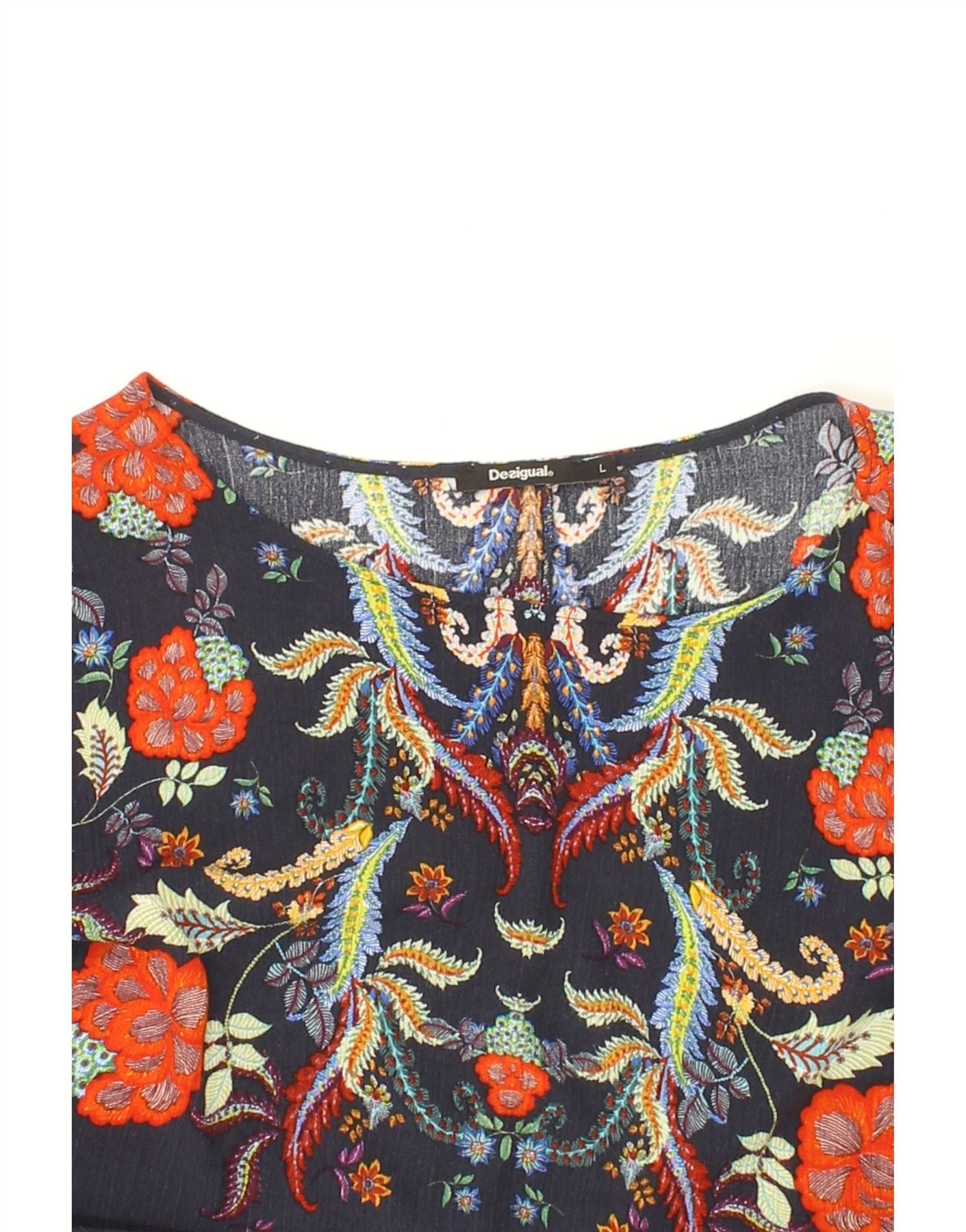 DESIGUAL Womens 3/4 Sleeve Blouse Top UK 16 Large Navy Blue Floral Vintage Desigual and Second-Hand Desigual from Messina Hembry
