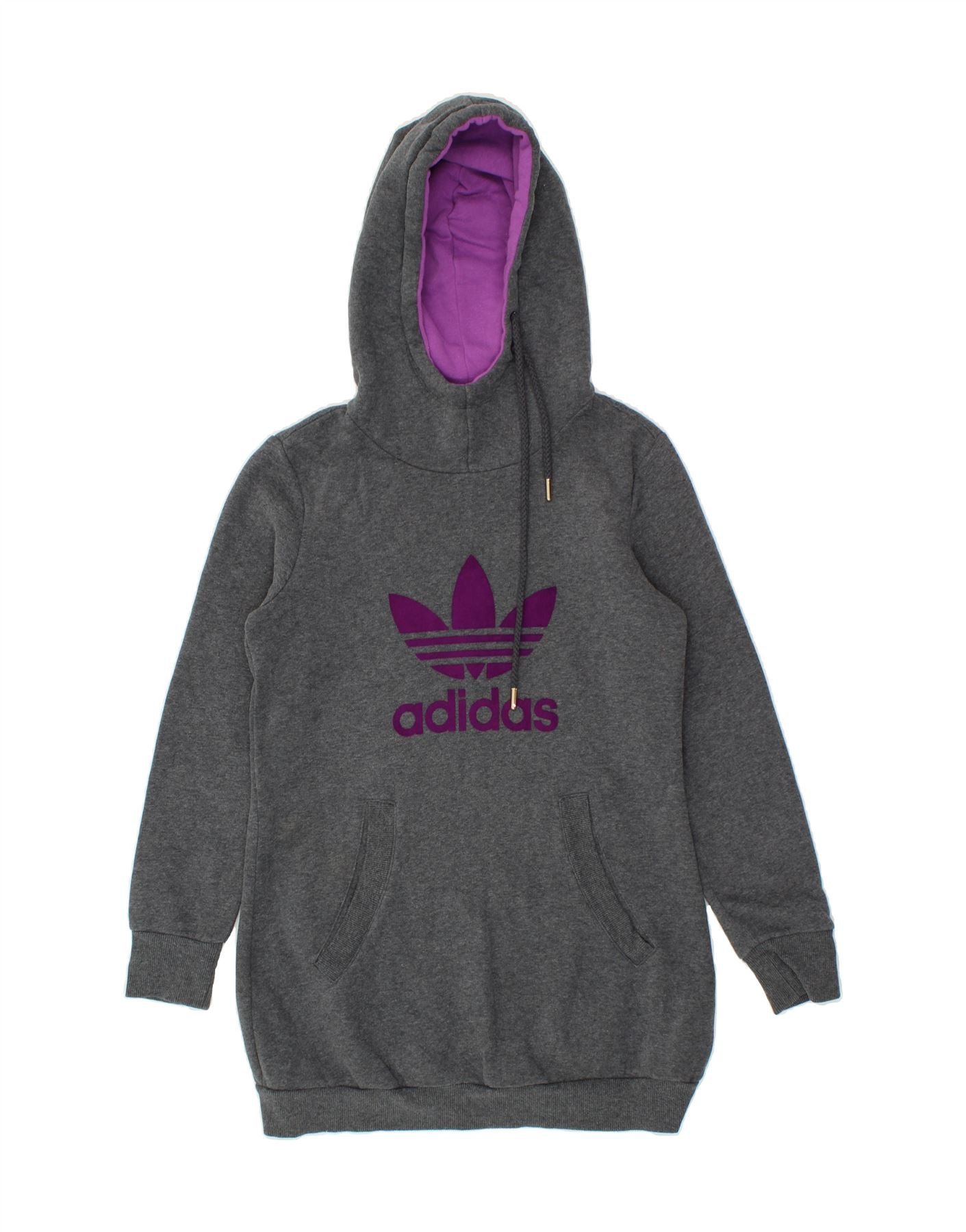 ADIDAS Womens Longline Graphic Hoodie Jumper UK 12 Medium  Grey Cotton Vintage Adidas and Second-Hand Adidas from Messina Hembry