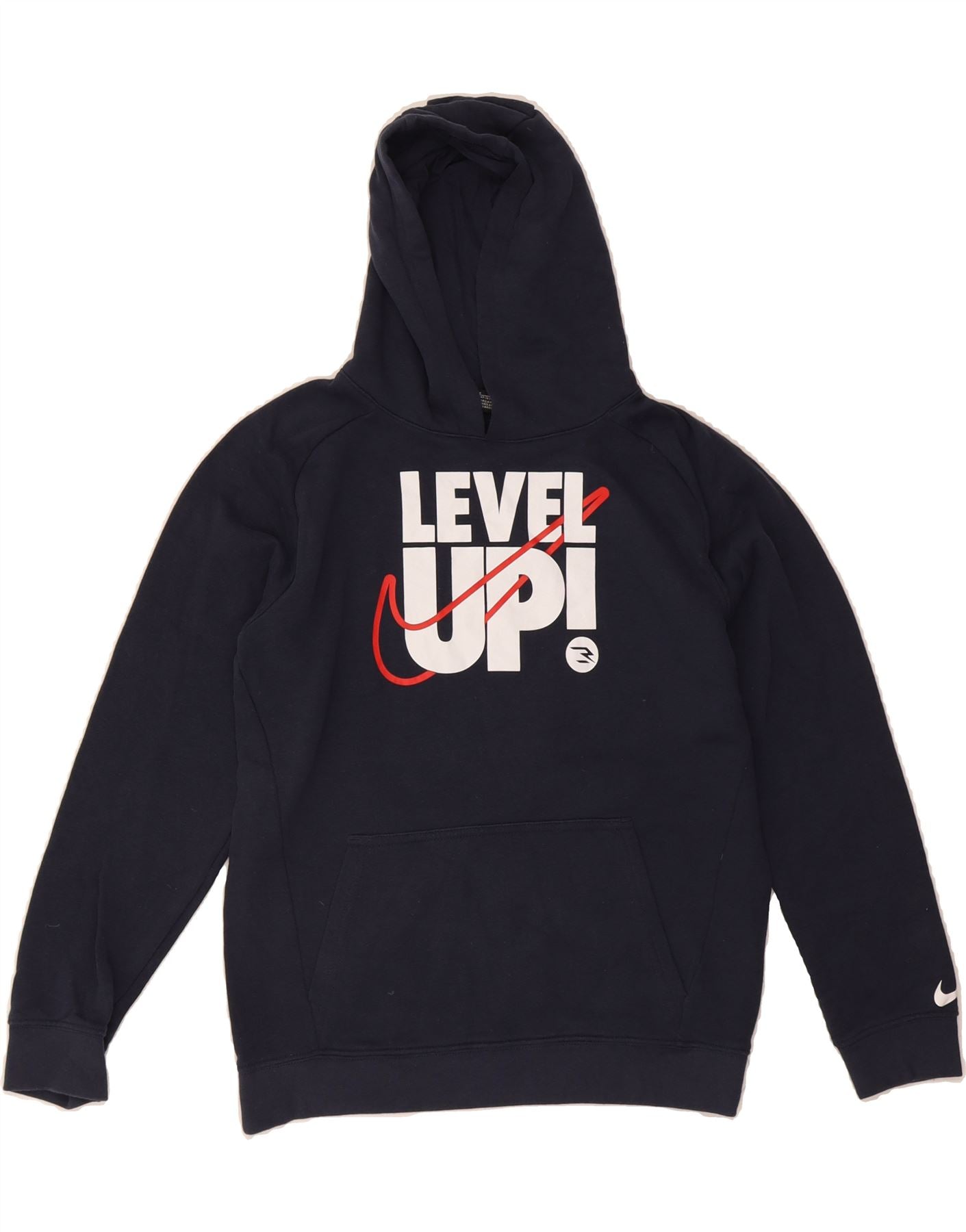 NIKE Boys Graphic Hoodie Jumper 12-13 Years Large Navy Blue Cotton Vintage Nike and Second-Hand Nike from Messina Hembry
