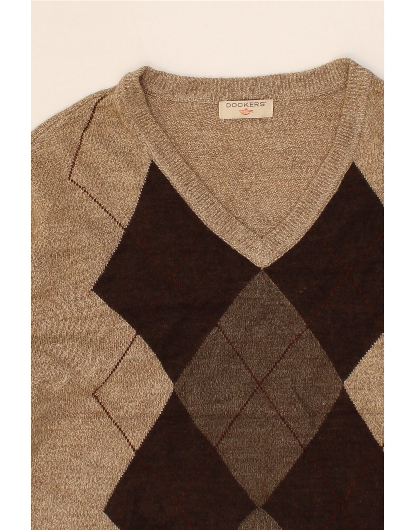 DOCKERS Mens V-Neck Jumper Sweater Large Beige Argyle/Diamond Vintage Dockers and Second-Hand Dockers from Messina Hembry