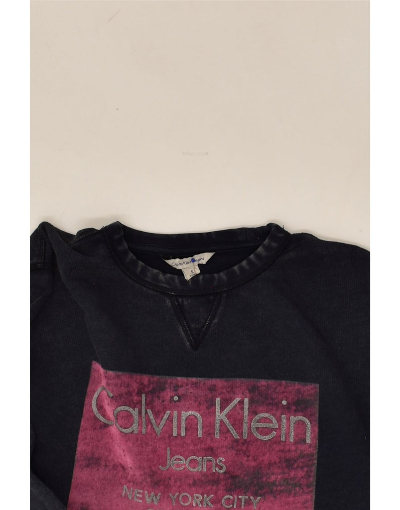 CALVIN KLEIN JEANS Womens Graphic Sweatshirt Jumper UK 10 Small Navy Blue | Vintage Calvin Klein Jeans | Thrift | Second-Hand Calvin Klein Jeans | Used Clothing | Messina Hembry 