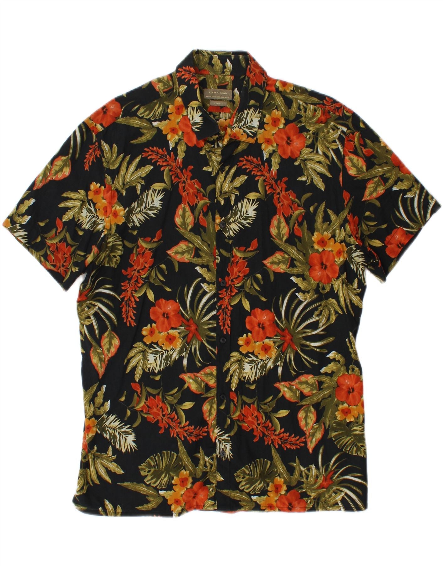 ZARA Mens Slim Fit Short Sleeve Shirt XL Black Floral Cotton Hawaiian Vintage Zara and Second-Hand Zara from Messina Hembry