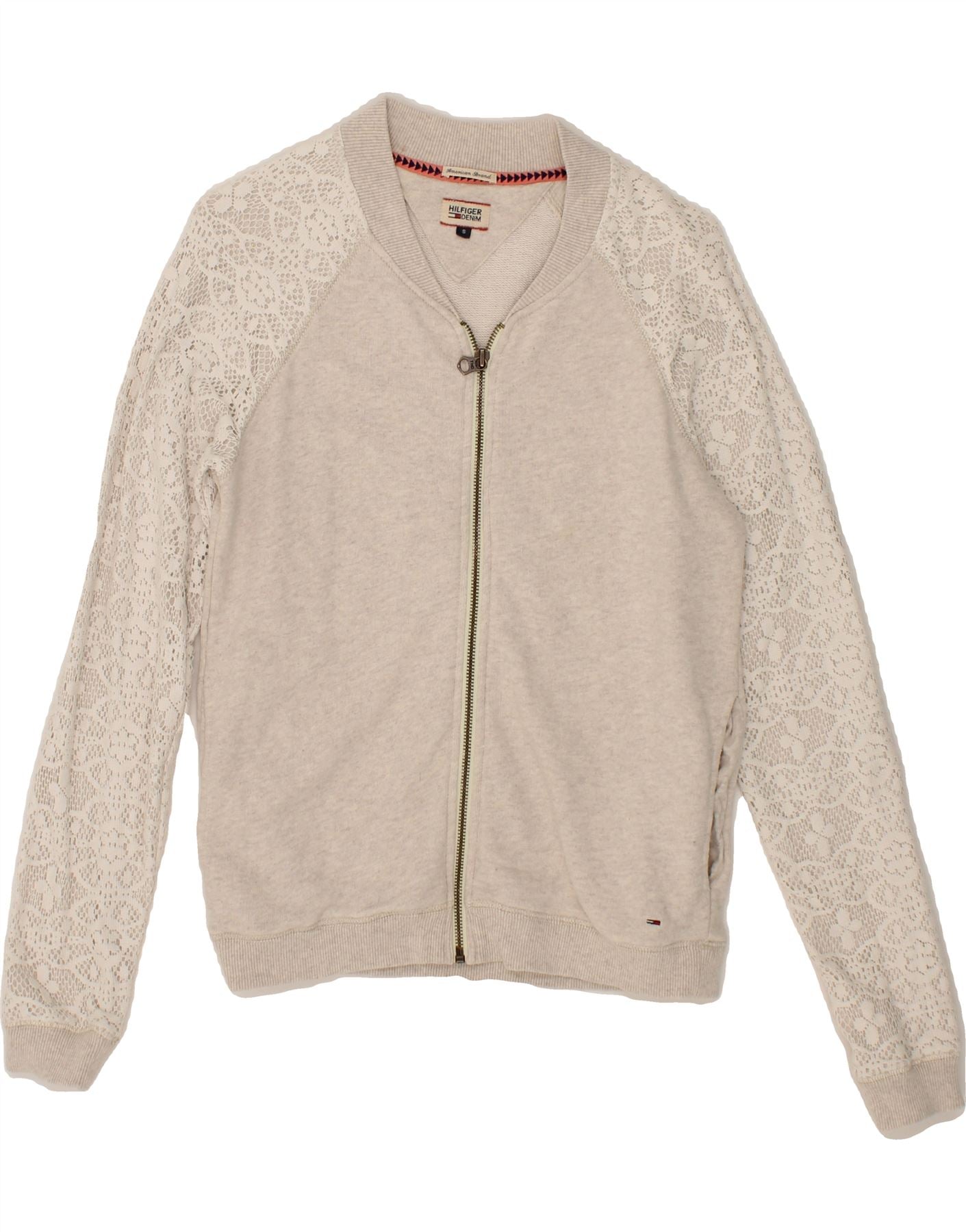 TOMMY HILFIGER Womens Tracksuit Top Jacket UK 10 Small Grey Floral Cotton Vintage Tommy Hilfiger and Second-Hand Tommy Hilfiger from Messina Hembry