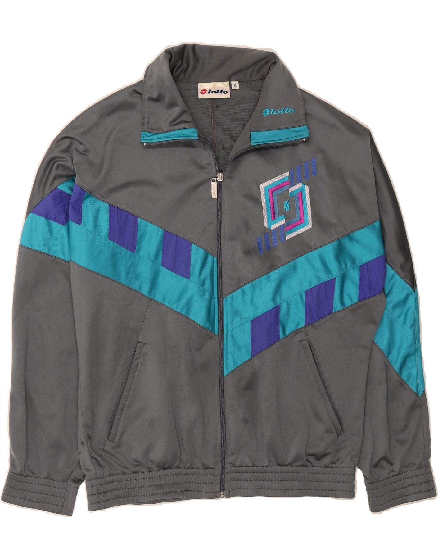 LOTTO Mens Graphic Tracksuit Top Jacket Small Grey Colourblock Polyester Vintage Lotto and Second-Hand Lotto from Messina Hembry