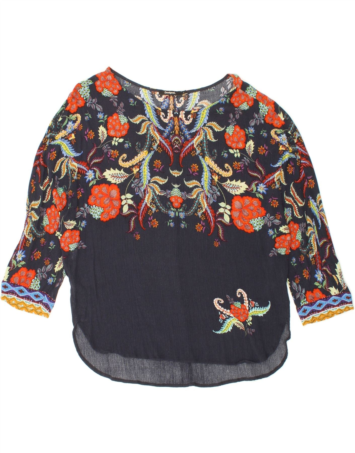 DESIGUAL Womens 3/4 Sleeve Blouse Top UK 16 Large Navy Blue Floral Vintage Desigual and Second-Hand Desigual from Messina Hembry