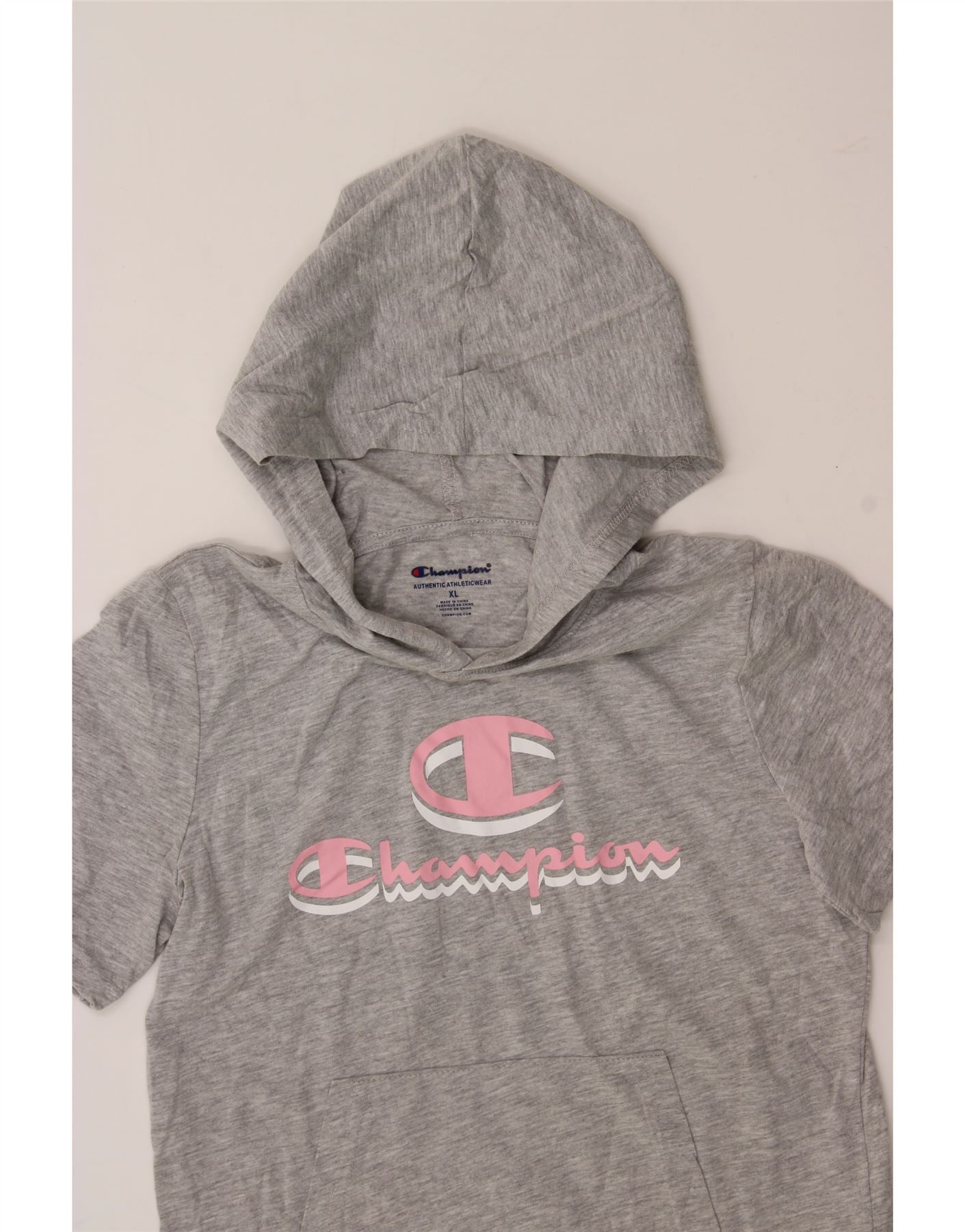 CHAMPION Girls Graphic Short Sleeve Hoodie Jumper 13-14 Years XL Grey Vintage Champion and Second-Hand Champion from Messina Hembry