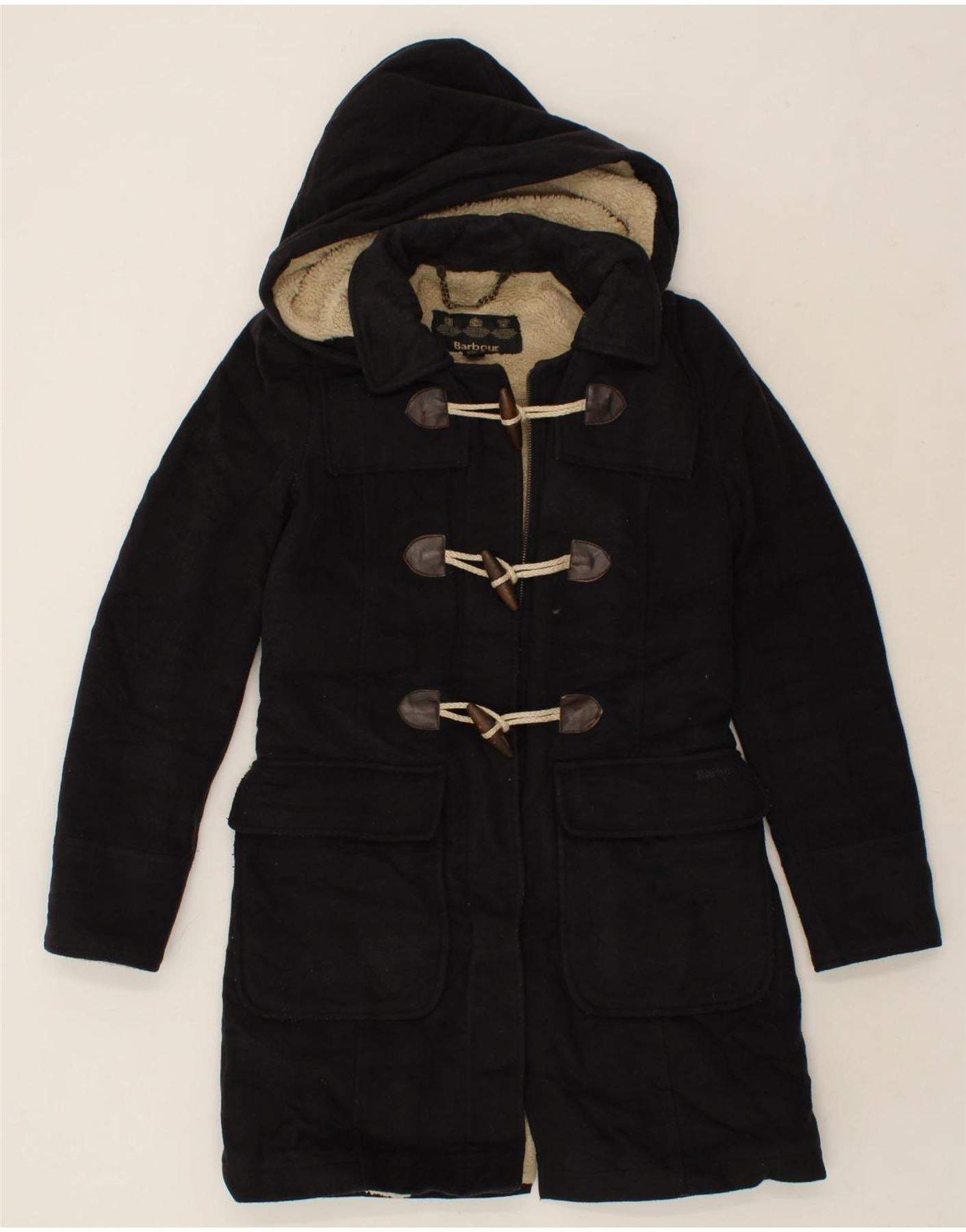 BARBOUR Womens Hooded Duffle Coat UK 8 Small Navy Blue Vintage Barbour and Second-Hand Barbour from Messina Hembry