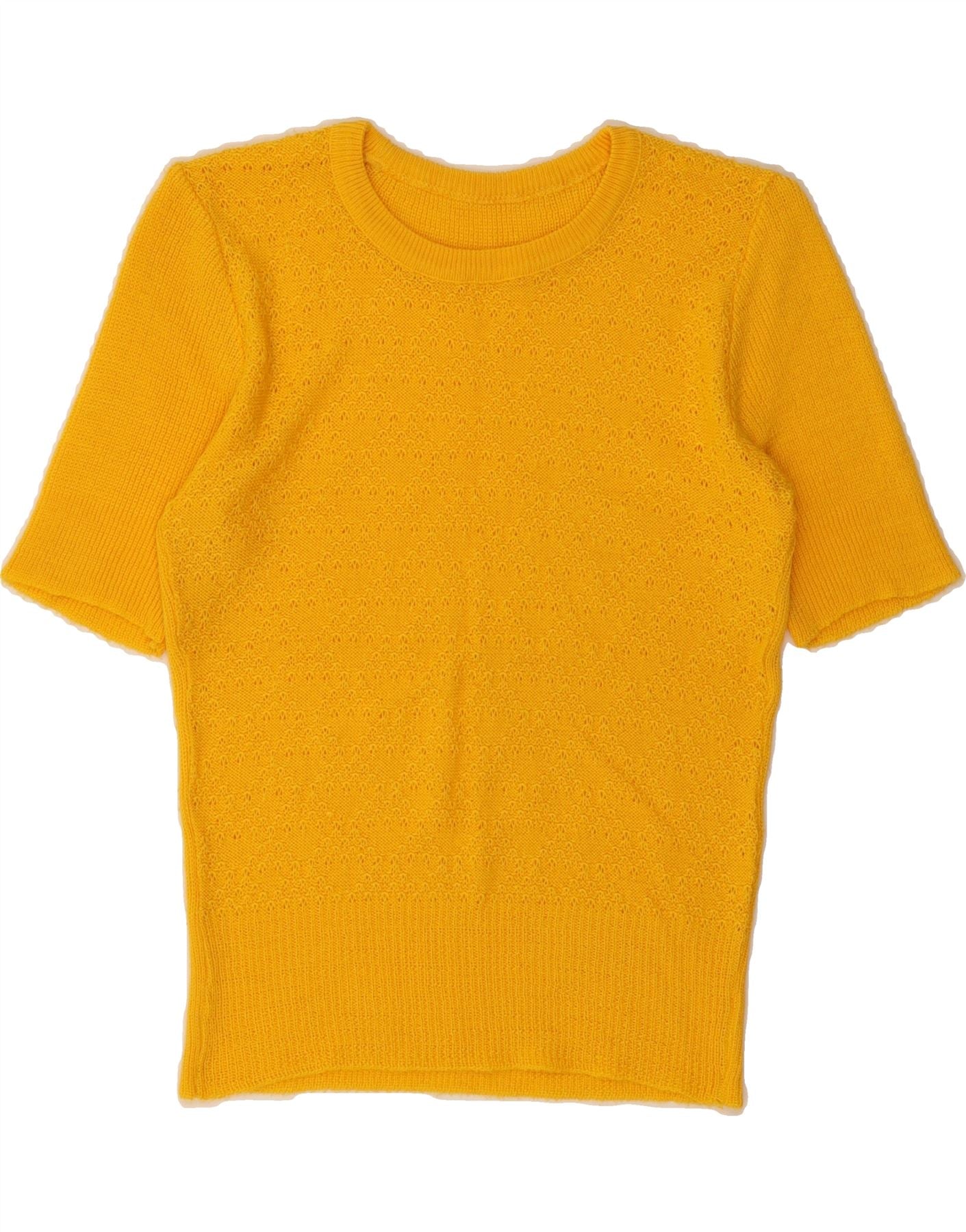 VINTAGE Womens Short Sleeve Crew Neck Jumper Sweater UK 10 Small Yellow Vintage Vintage and Second-Hand Vintage from Messina Hembry