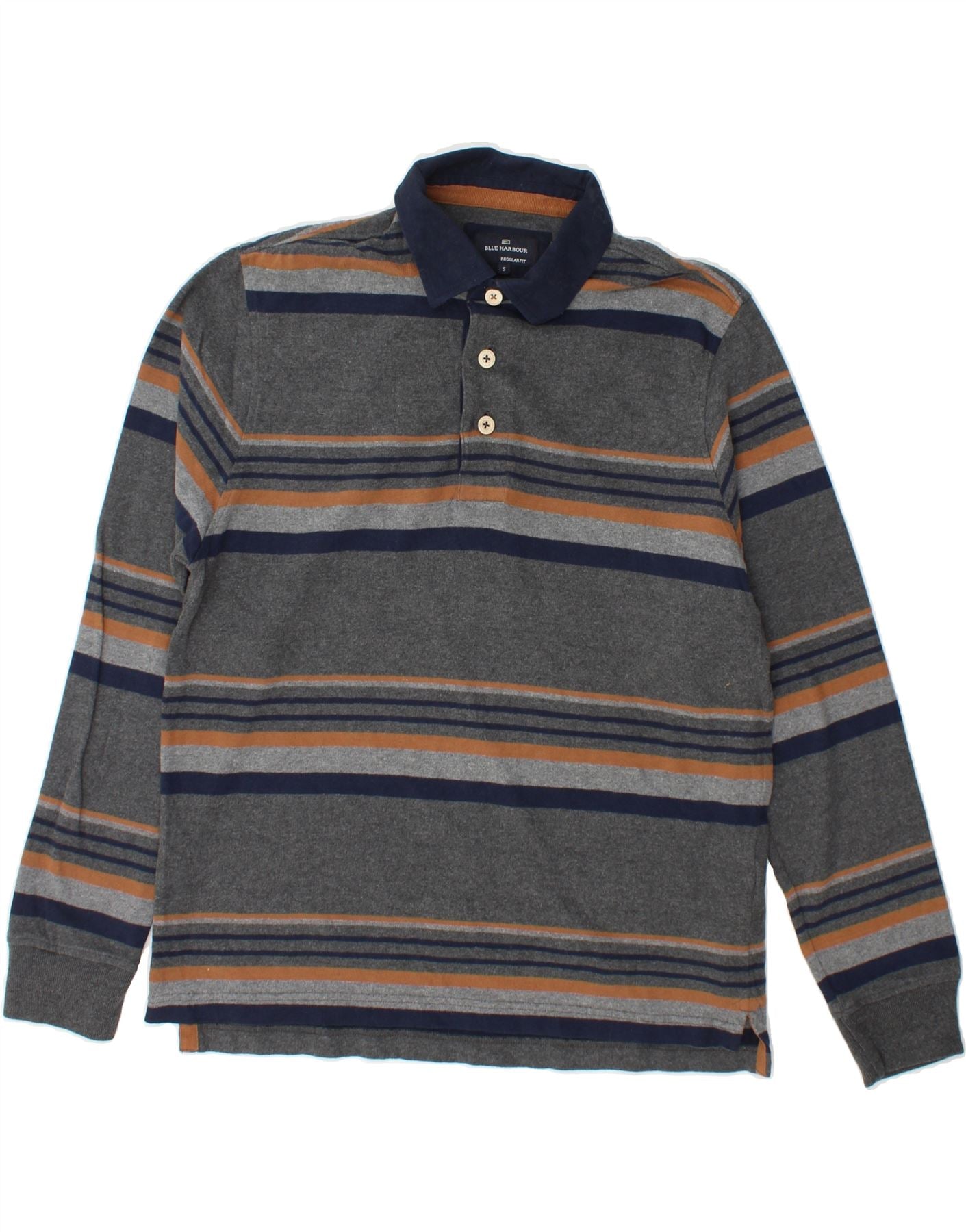 BLUE HARBOUR Mens Regular Fit Rugby Polo Shirt Small Grey Striped Vintage Blue Harbour and Second-Hand Blue Harbour from Messina Hembry