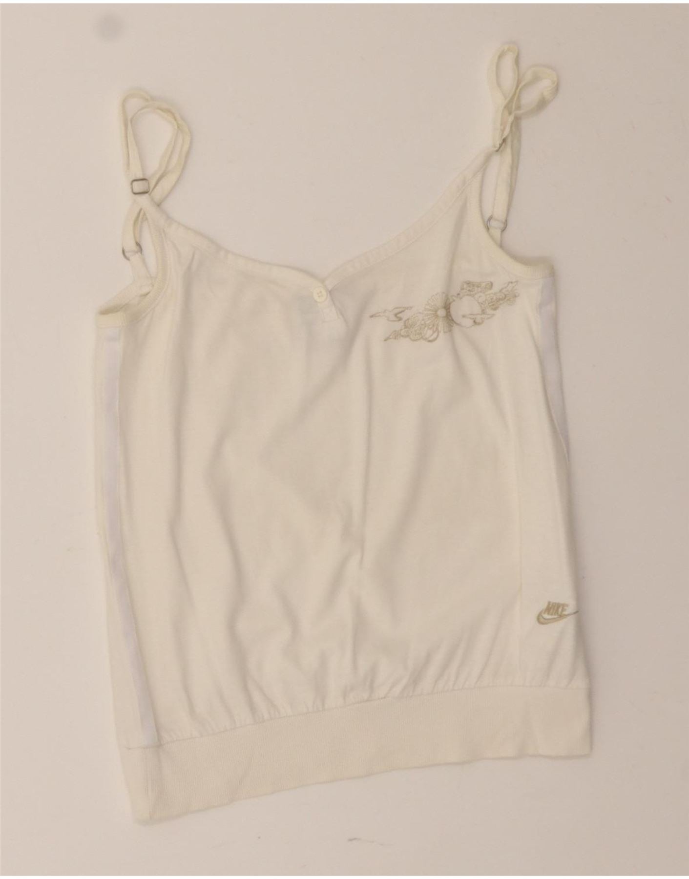 NIKE Womens Graphic Cami Top UK 8/10 Small White Cotton Vintage Nike and Second-Hand Nike from Messina Hembry