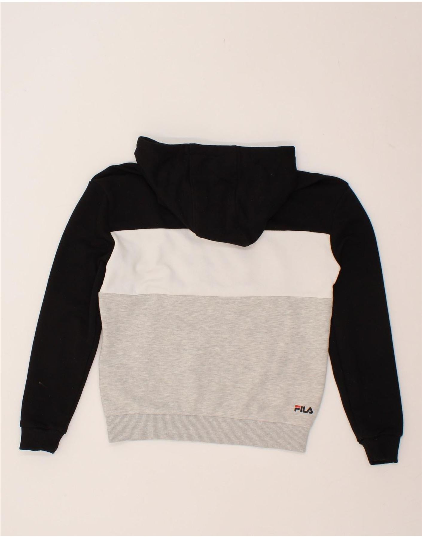 FILA Womens Oversized Graphic Hoodie Jumper UK 6 XS Black Colourblock Vintage Fila and Second-Hand Fila from Messina Hembry