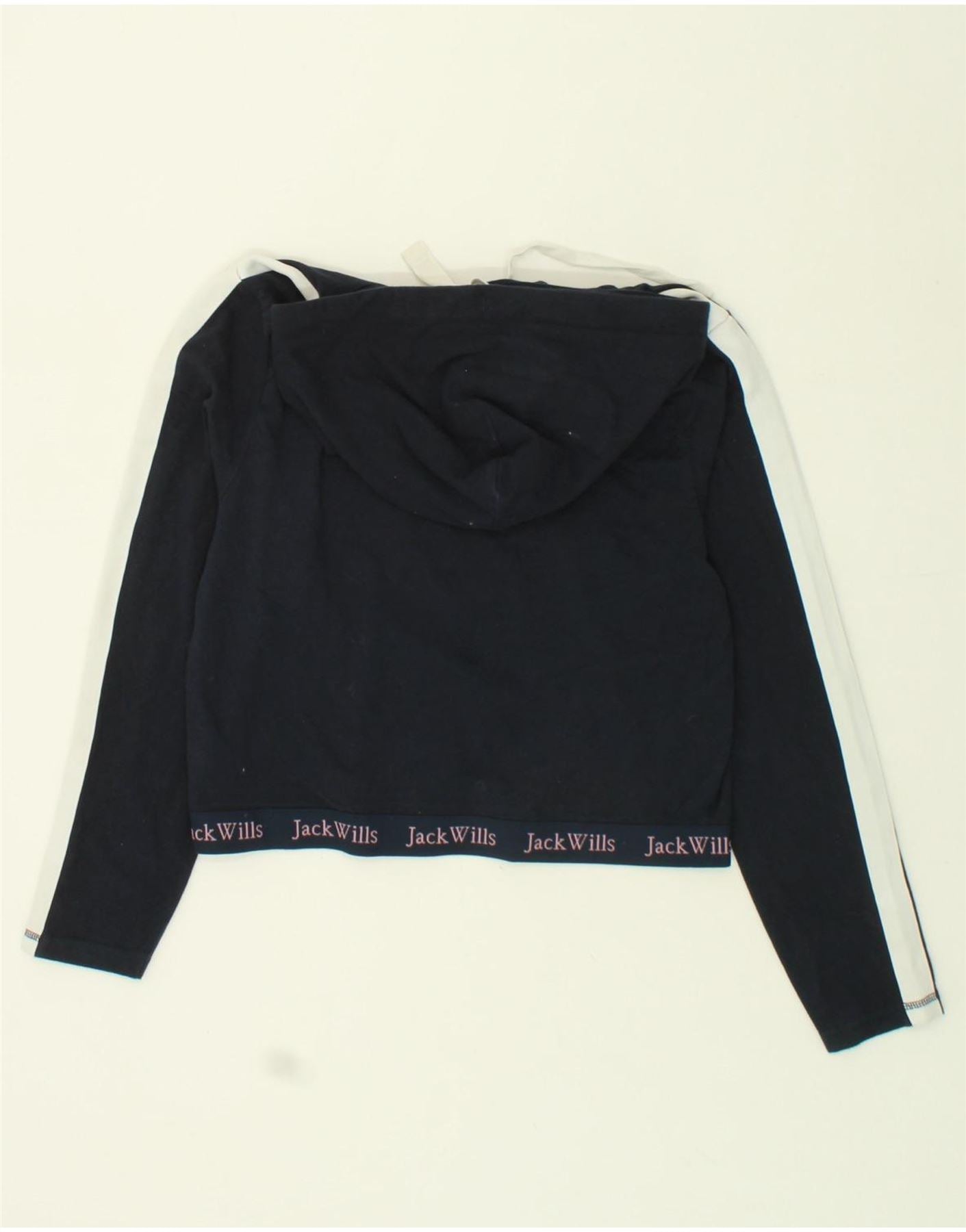 JACK WILLS Womens Graphic Crop Hoodie Jumper UK 12 Medium Navy Blue Cotton Vintage Jack Wills and Second-Hand Jack Wills from Messina Hembry