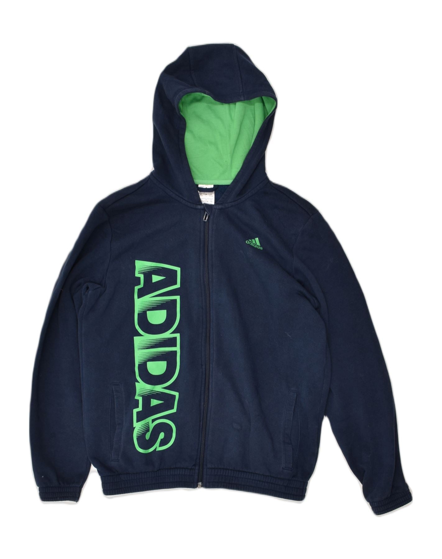 ADIDAS Boys Graphic Zip Hoodie Sweater 13-14 Years Navy Blue Cotton | Vintage Adidas | Thrift | Second-Hand Adidas | Used Clothing | Messina Hembry
