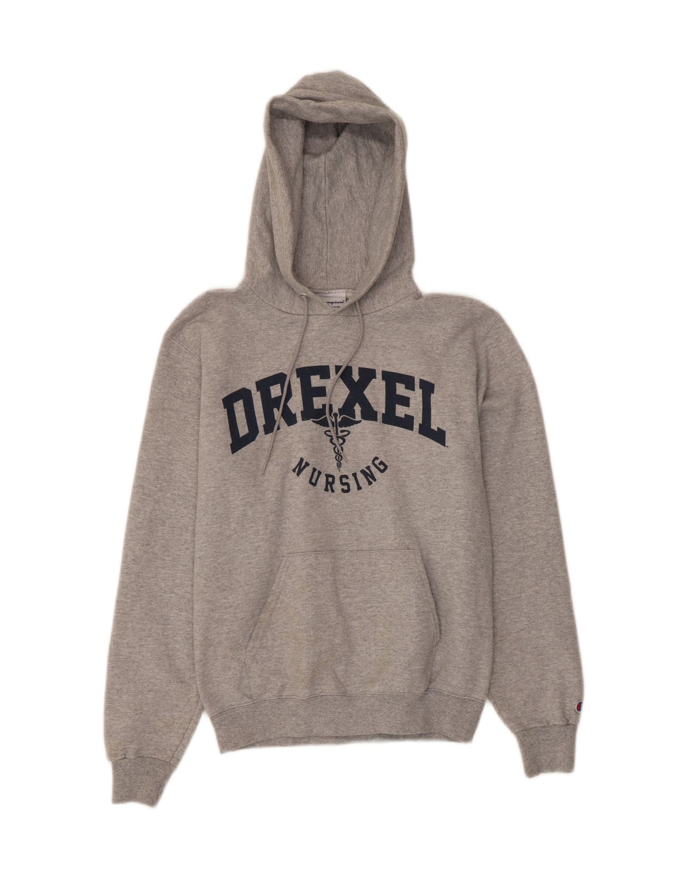 CHAMPION Mens Drexel Nursing Graphic Hoodie Jumper Small Grey Vintage Champion and Second-Hand Champion from Messina Hembry