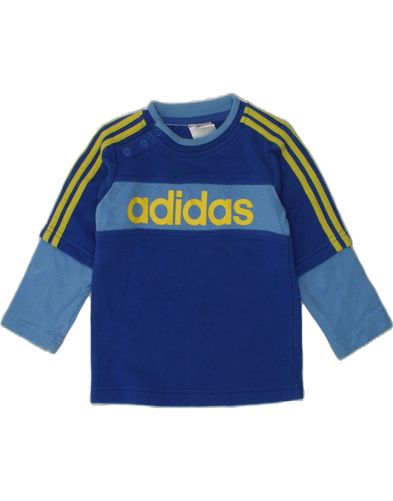 ADIDAS Baby Boys Graphic Sweatshirt Jumper 12-18 Months Blue Colourblock | Vintage Adidas | Thrift | Second-Hand Adidas | Used Clothing | Messina Hembry 