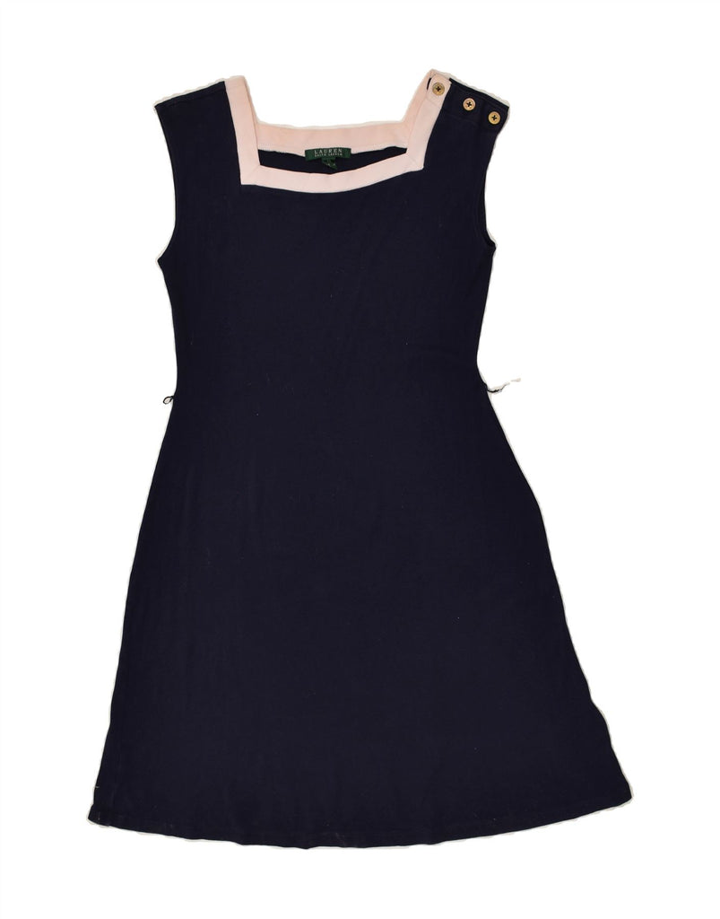 RALPH LAUREN Womens Sleeveless A-Line Dress UK 12 Medium Navy Blue Cotton | Vintage Ralph Lauren | Thrift | Second-Hand Ralph Lauren | Used Clothing | Messina Hembry 