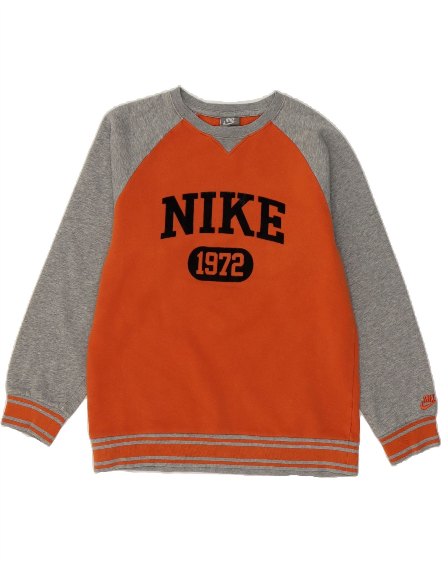 NIKE Boys Graphic Sweatshirt Jumper 12-13 Years Large Orange Colourblock Vintage Nike and Second-Hand Nike from Messina Hembry