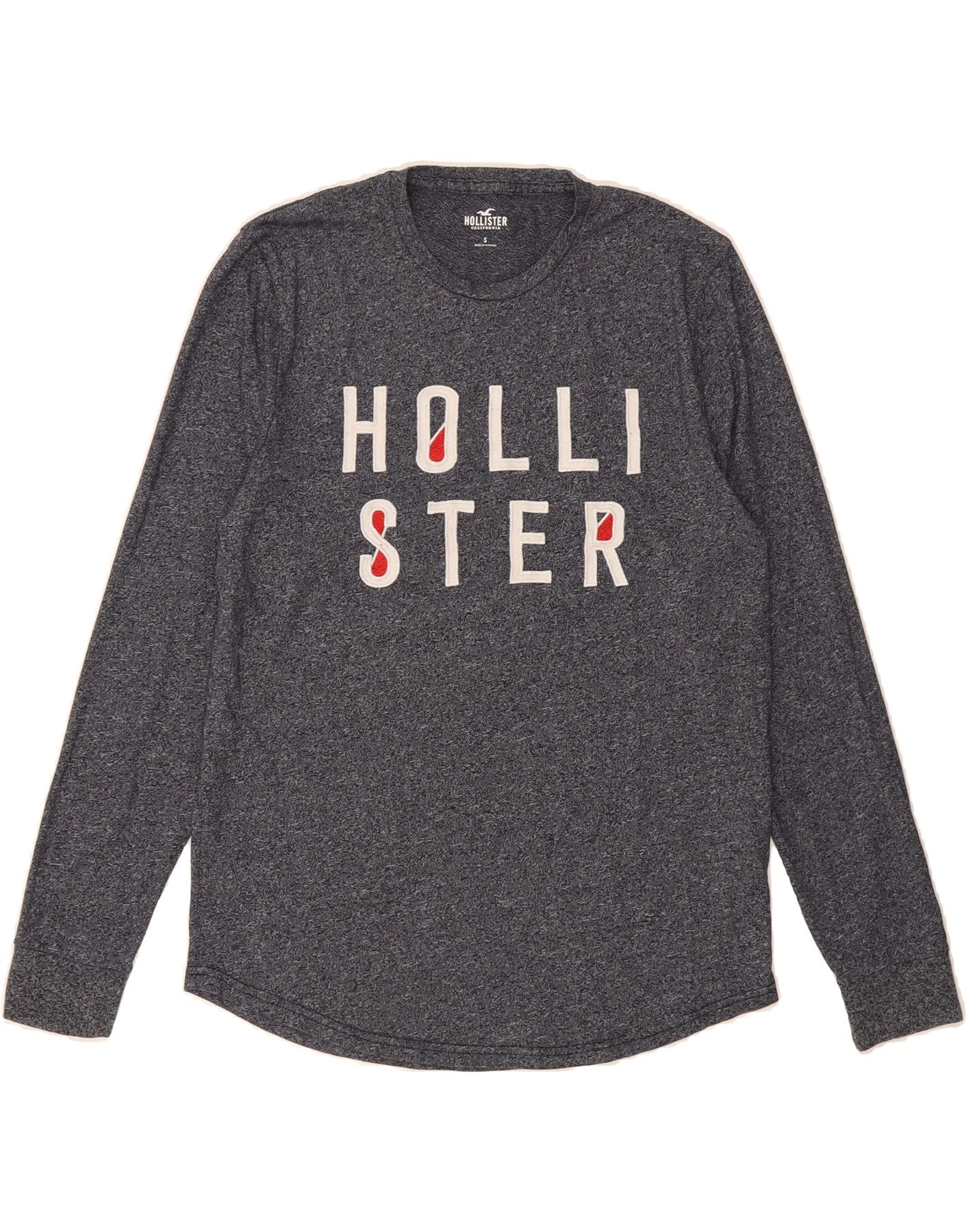 HOLLISTER Mens Graphic Top Long Sleeve Small Navy Blue Flecked Cotton Vintage Hollister and Second-Hand Hollister from Messina Hembry