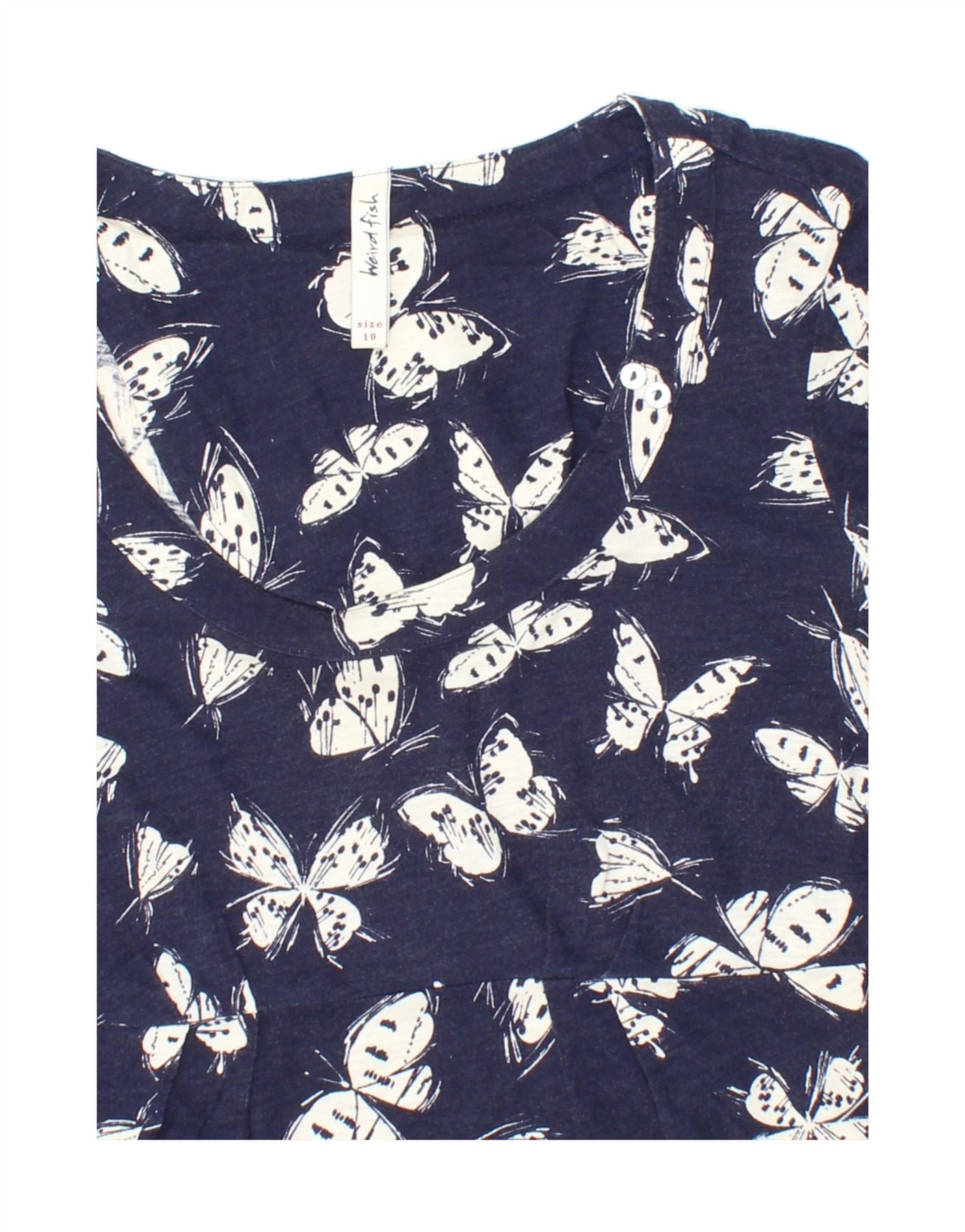 WEIRD FISH Womens Top 3/4 Sleeve UK 10 Small  Navy Blue Cotton Butterfly Vintage Weird Fish and Second-Hand Weird Fish from Messina Hembry