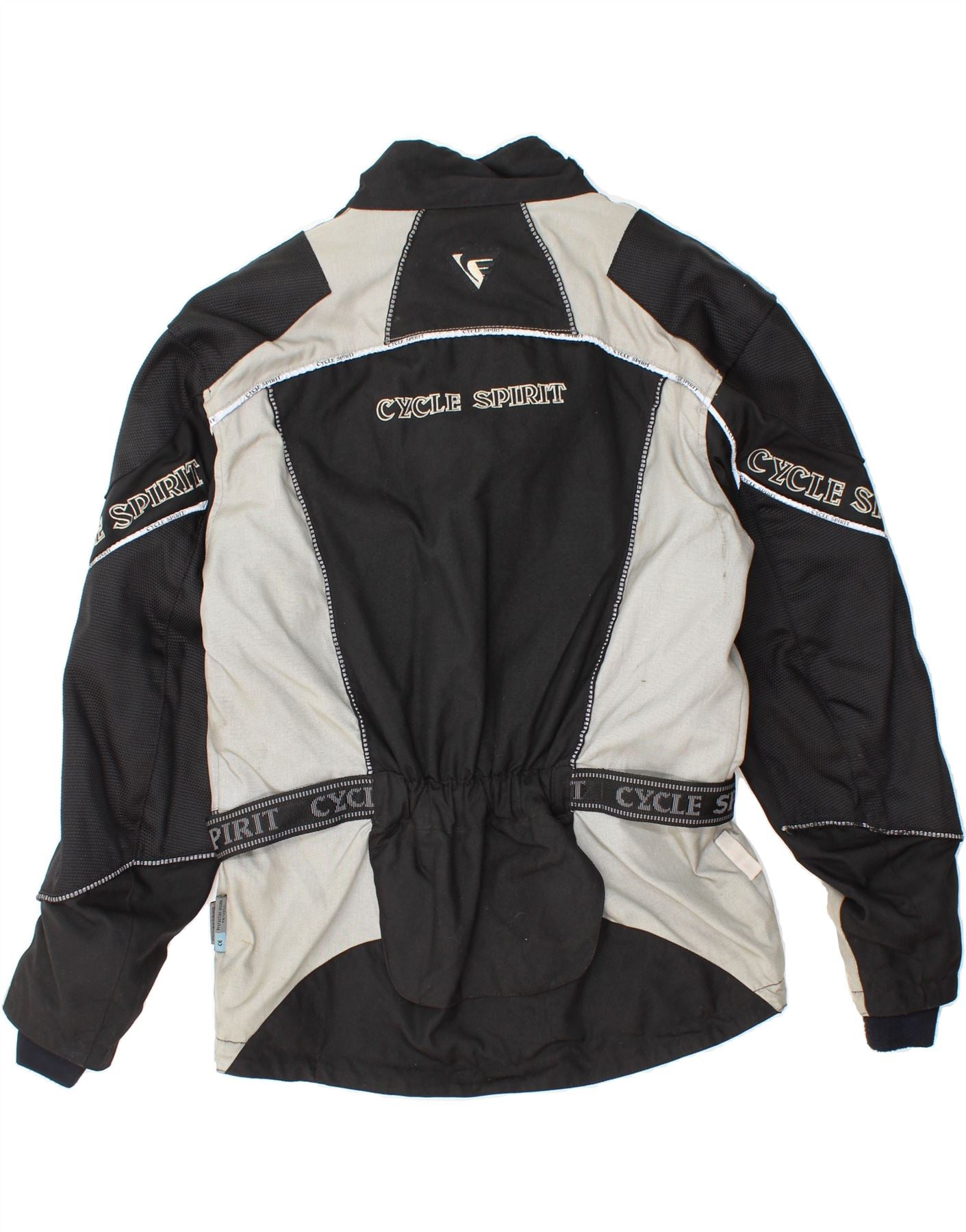 CYCLE SPIRIT Mens Graphic Racer Jacket UK 36 Small Black Colourblock Vintage Cycle Spirit and Second-Hand Cycle Spirit from Messina Hembry