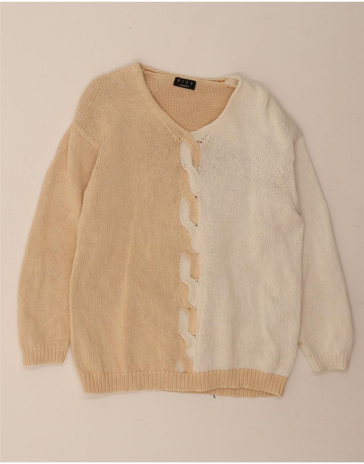 NICE CONNECTION Womens V-Neck Jumper Sweater UK 16 Large Beige Colourblock Vintage Nice Connection and Second-Hand Nice Connection from Messina Hembry