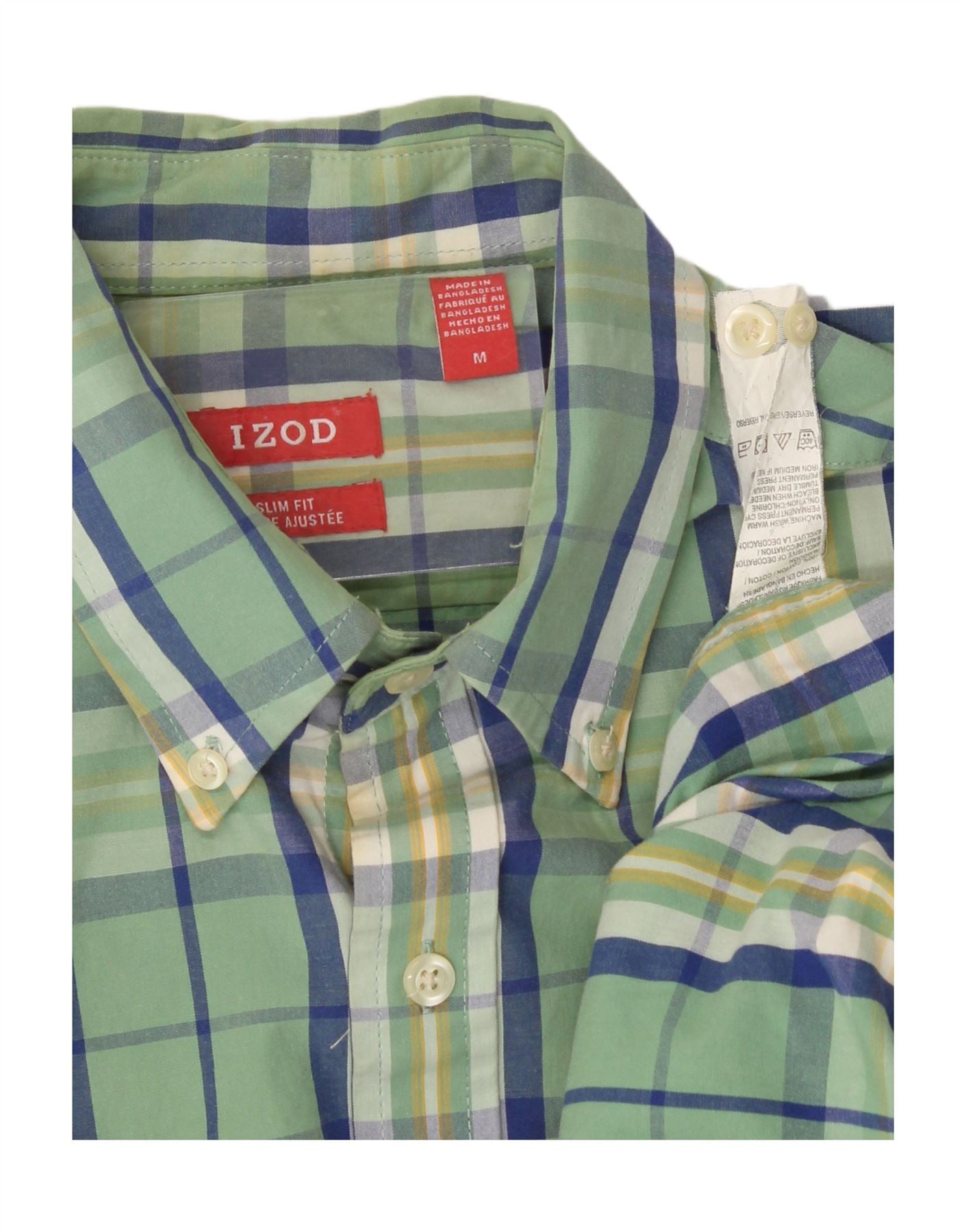 IZOD Mens Slim Fit Shirt Medium Green Check Cotton Vintage Izod and Second-Hand Izod from Messina Hembry
