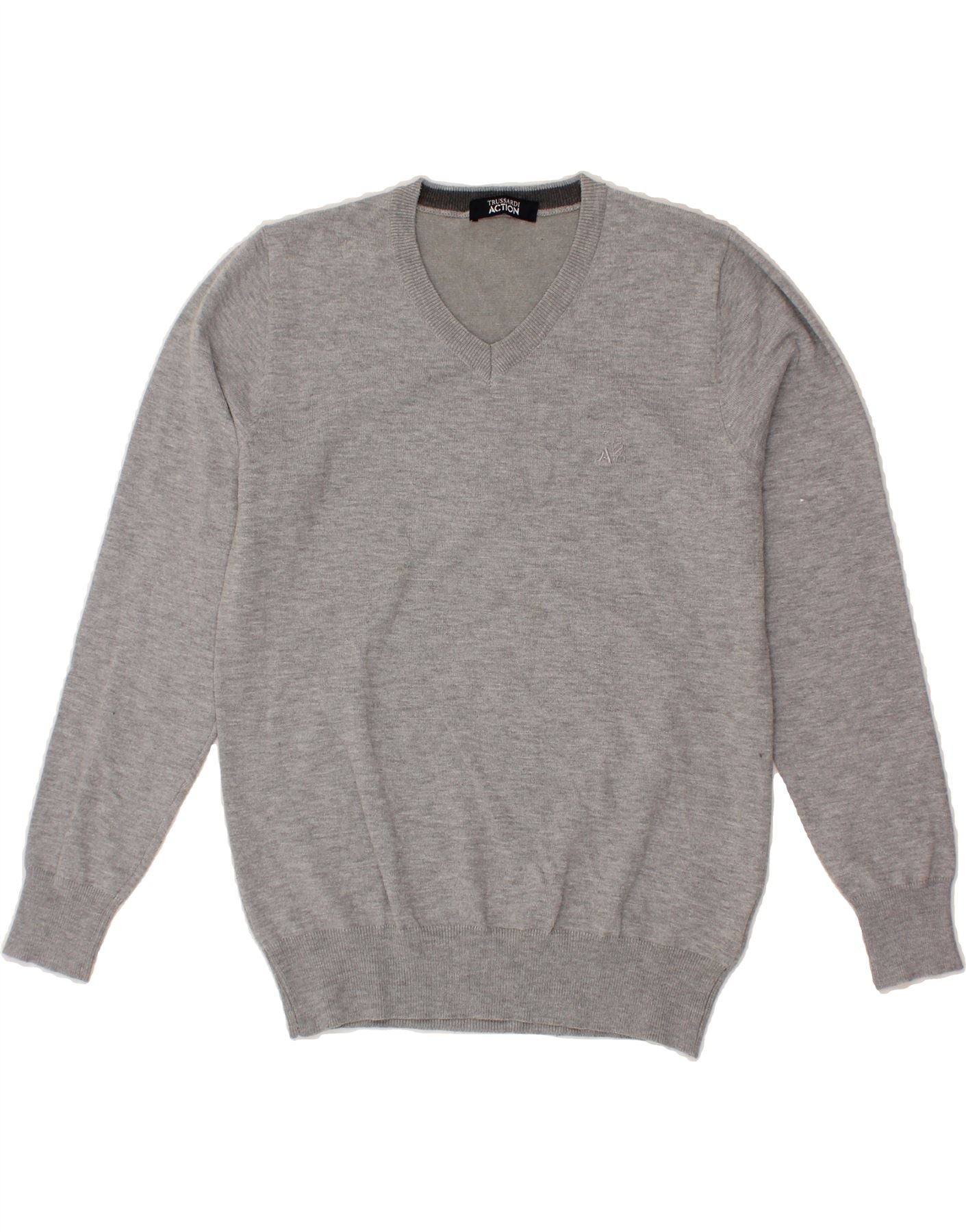 TRUSSARDI Womens V-Neck Jumper Sweater IT 54 3XL Grey Wool Vintage Trussardi and Second-Hand Trussardi from Messina Hembry